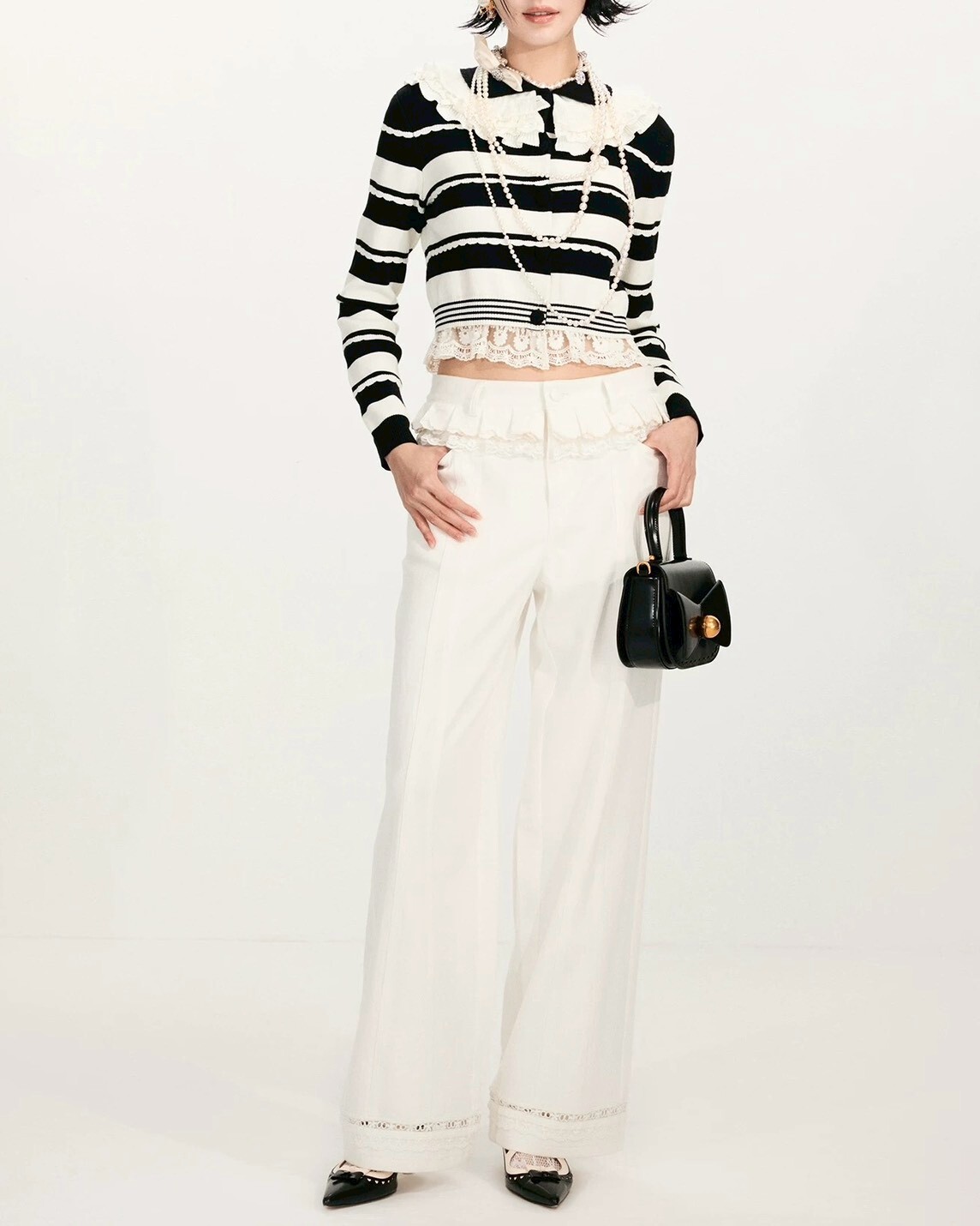 設計師家腰圍荷葉褲腳鏤空設計低腰寬褲