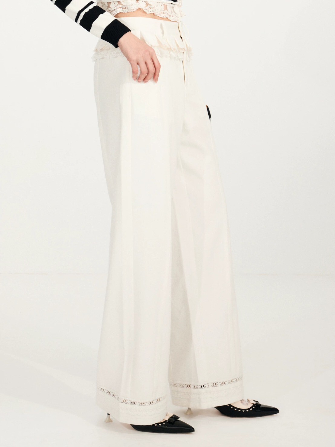 設計師家腰圍荷葉褲腳鏤空設計低腰寬褲