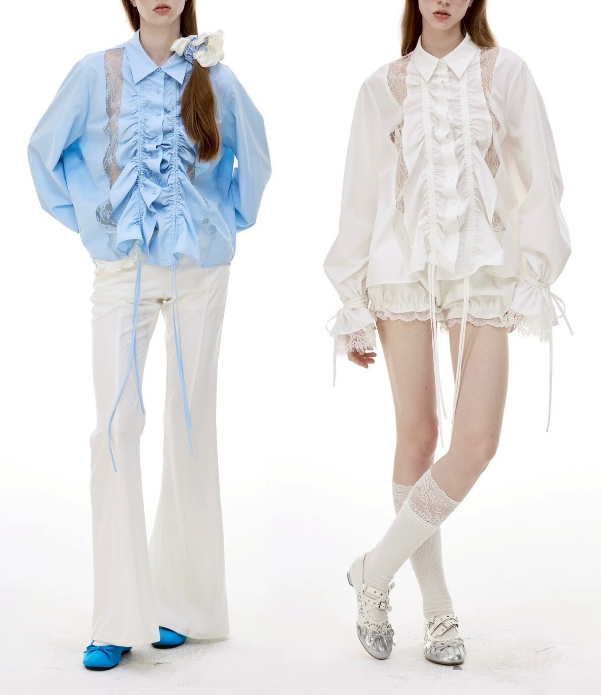 設計師家荷葉拼接透膚紗質襯衫