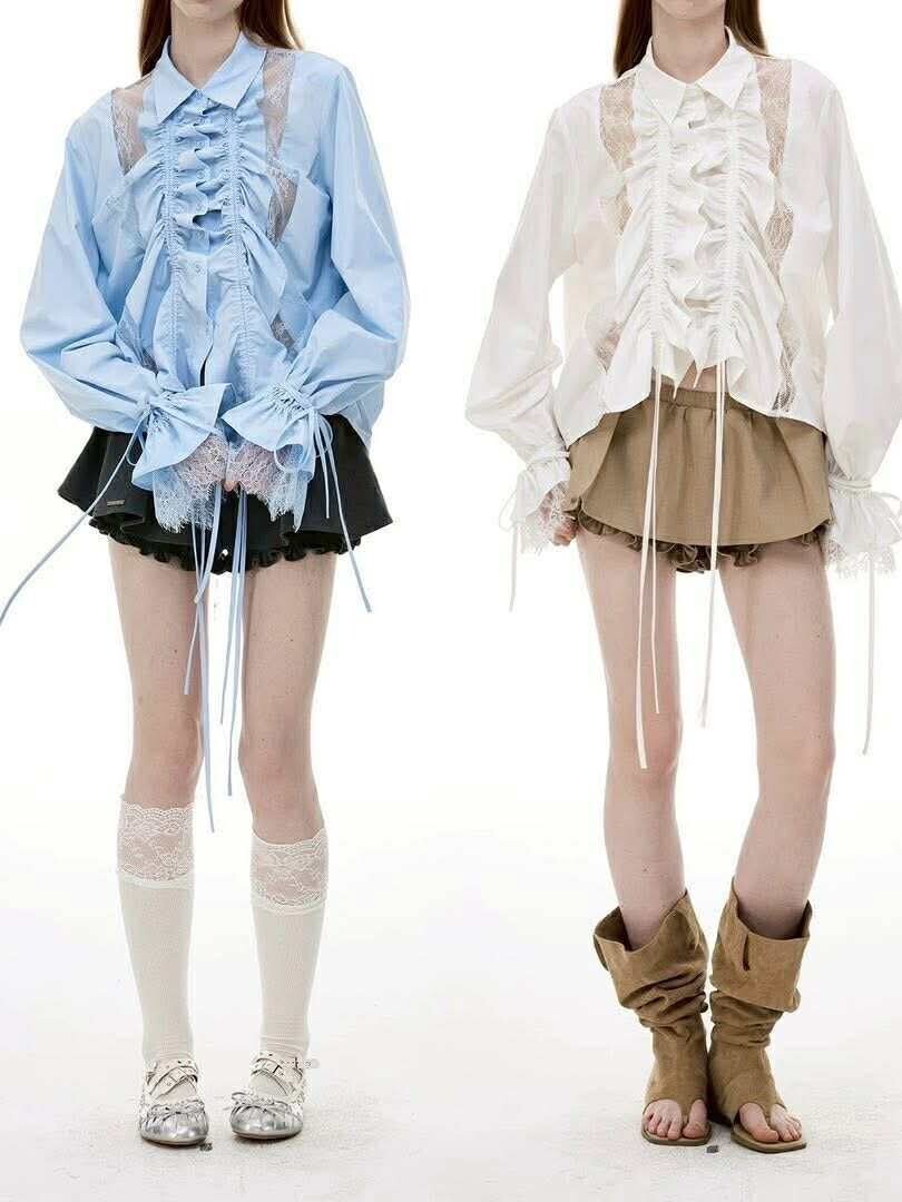 設計師家荷葉拼接透膚紗質襯衫