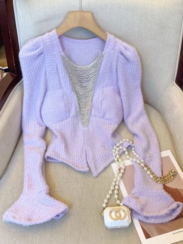 胸口大V拼接網紗串珠流蘇喇叭袖針織上衣