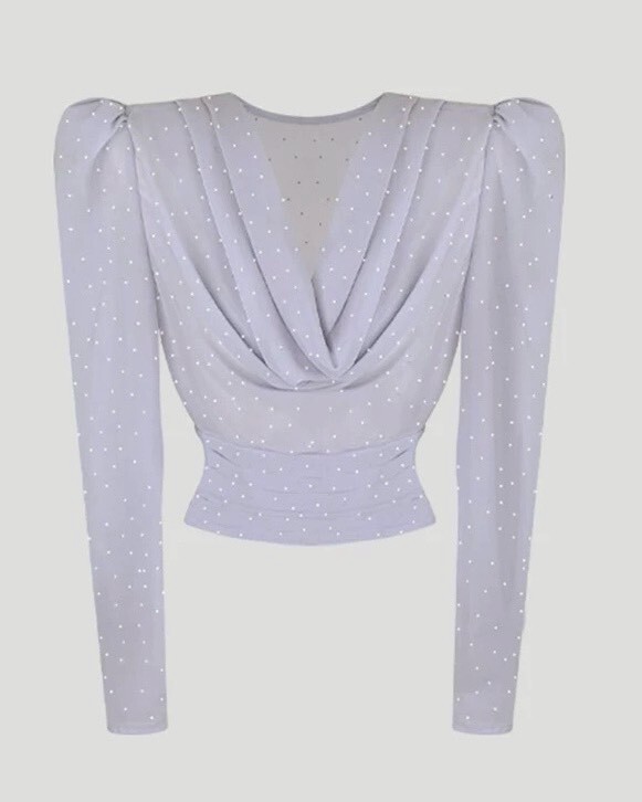 設計師家早春款垂領微透膚燙鑽收腰上衣