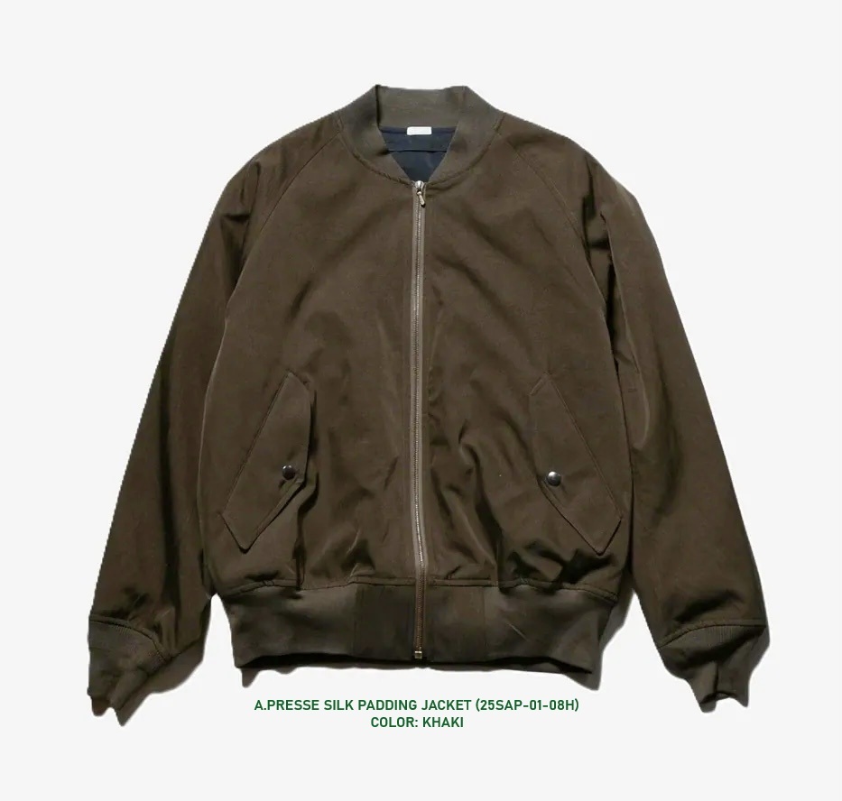 ON SALE: A.PRESSE 2025 SILK PADDING JACKET (25SAP-01-08H) - KHAKI PRE ORDER ITEM (預訂中)