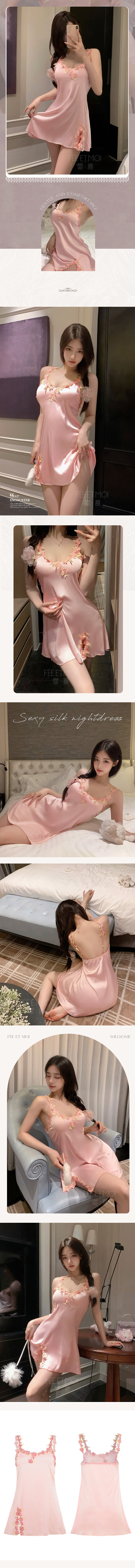 L7881 魅惑花瓣刺繡仿絲睡裙