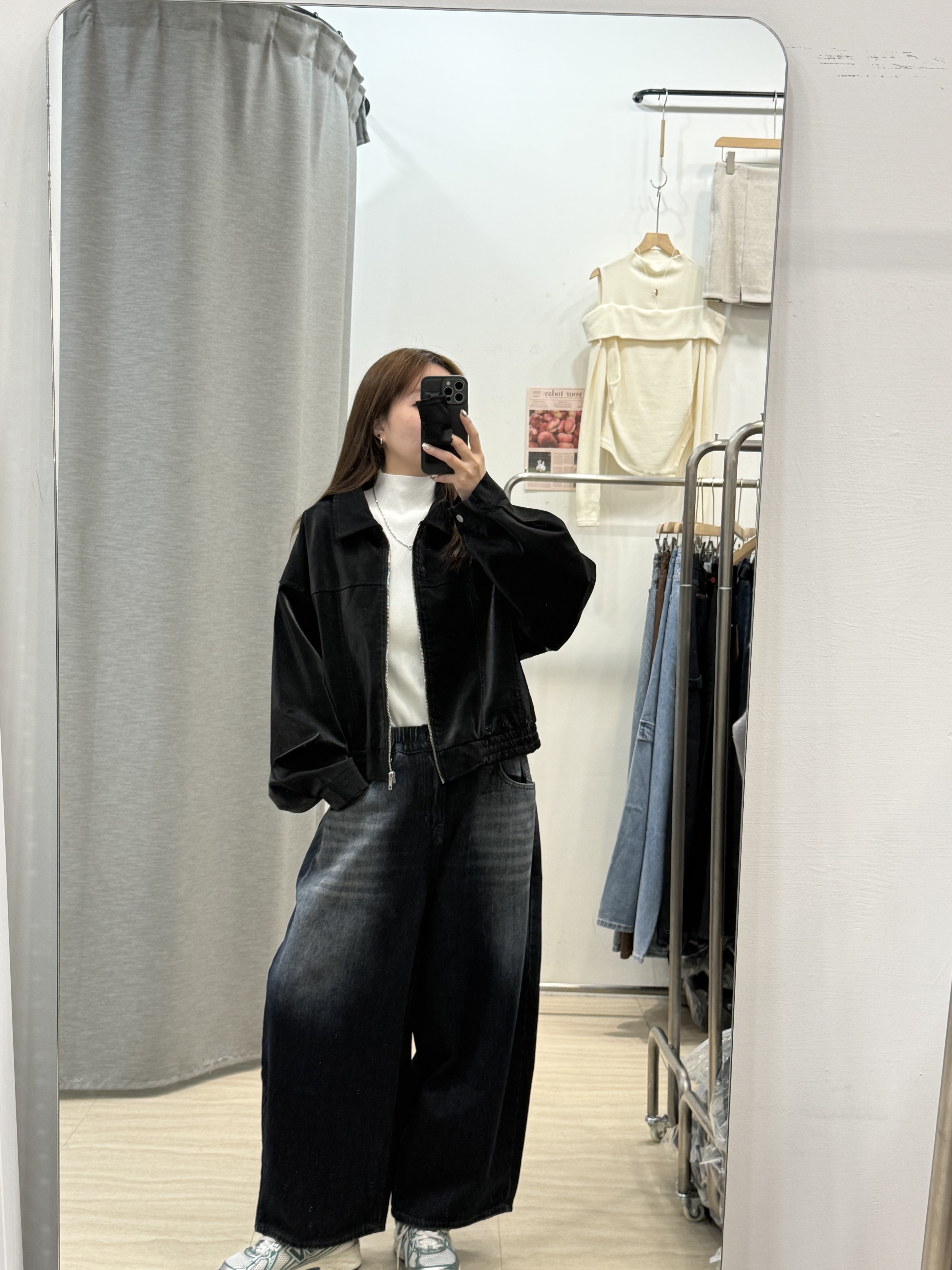 全鬆緊刷色九分牛仔寬褲