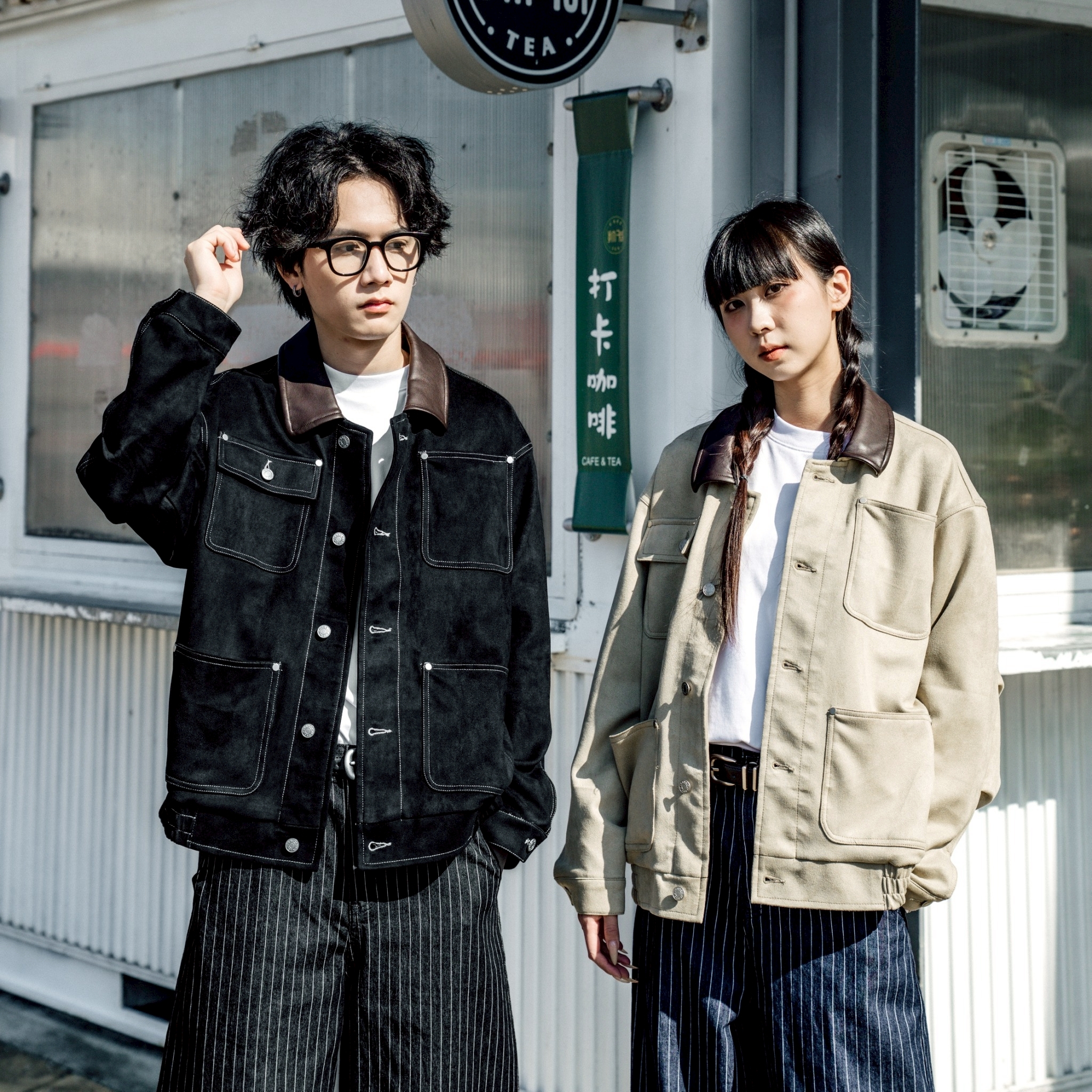 彈力麂皮口袋拼接皮領夾克 V0010