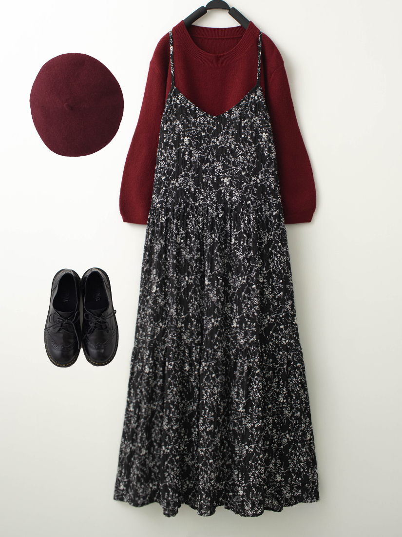 輕柔碎花細褶肩帶長洋裝七分蓬袖上衣組合