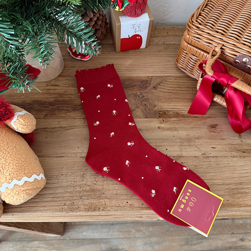 《6487》♾️紅色系小碎花中筒襪