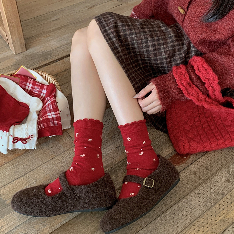 《6487》♾️紅色系小碎花中筒襪