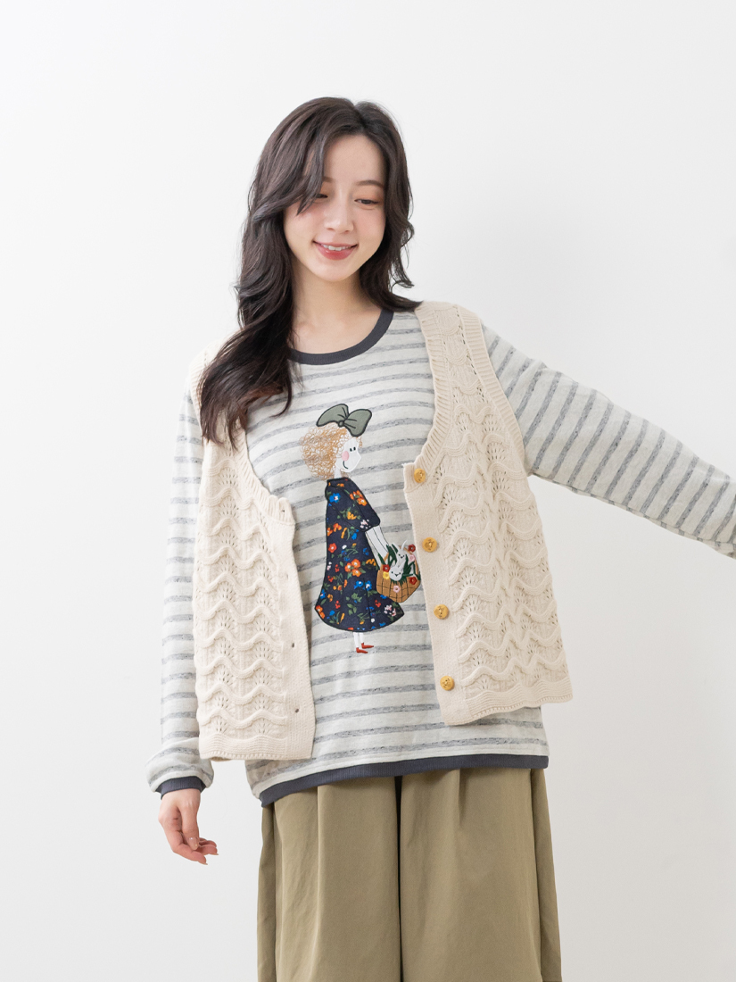 簍空織紋背心條紋大學T打褶繭型褲組合