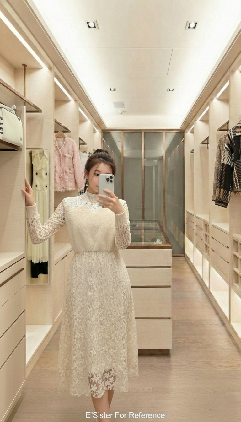 韓系溫柔絨拼接蕾絲長洋裝 C70