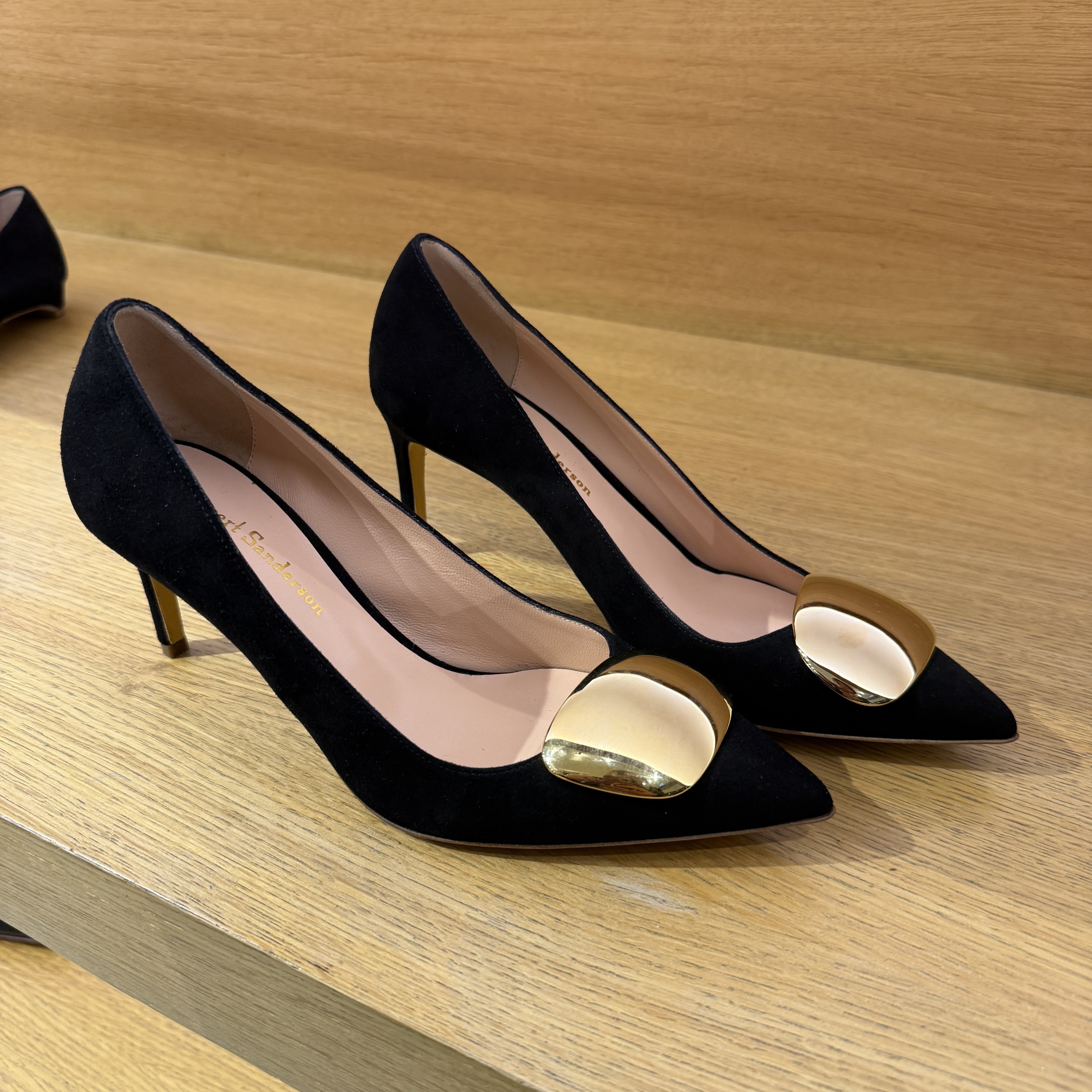 Rupert Sanderson nada black suede gold heels 8cm