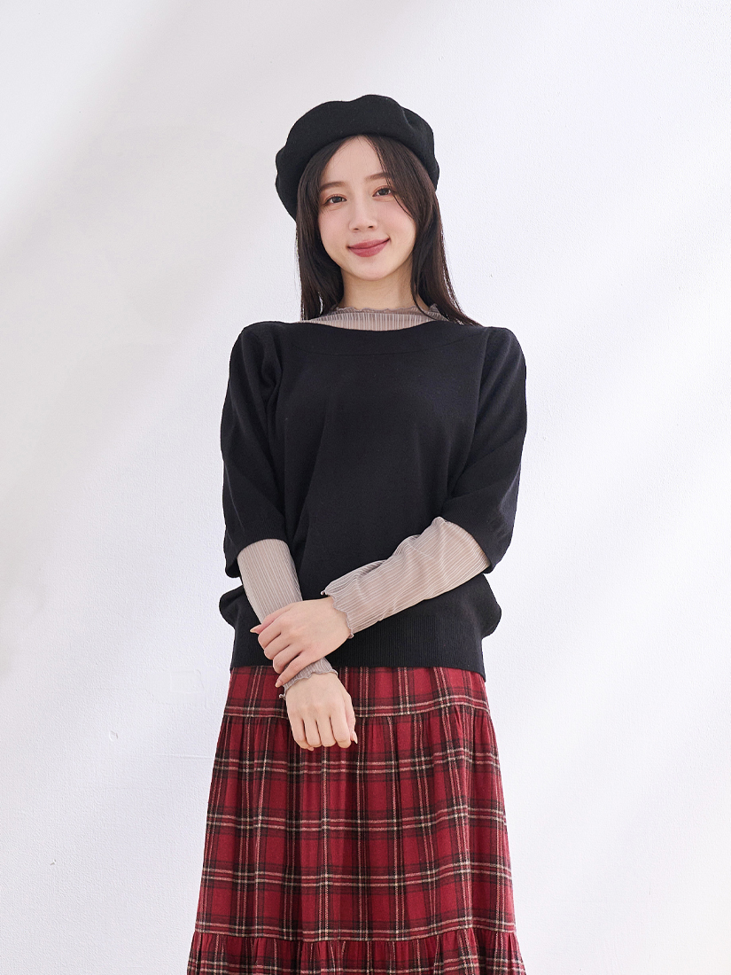 船型領針織上衣木耳邊上衣格紋蛋糕裙組合