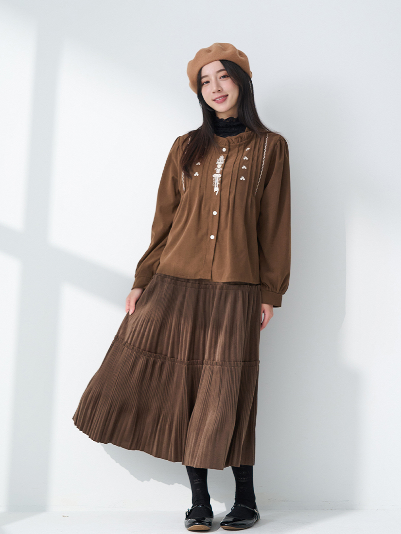 繡花立領條絨上衣半高領簍空蕾絲上衣光澤壓褶絨感長裙組合