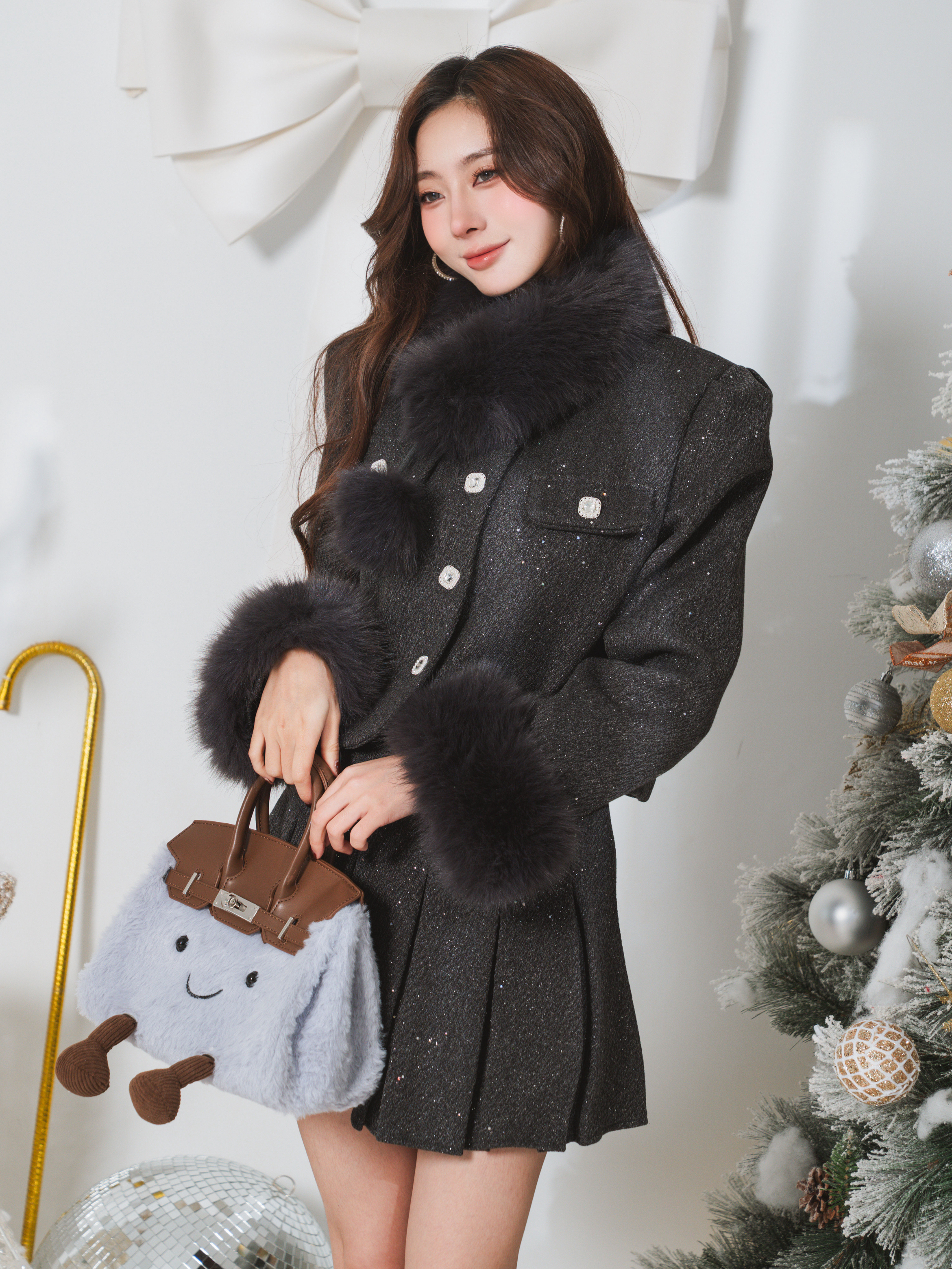 🤍氣質毛領百褶裙名媛套裝（灰色S/M/L）