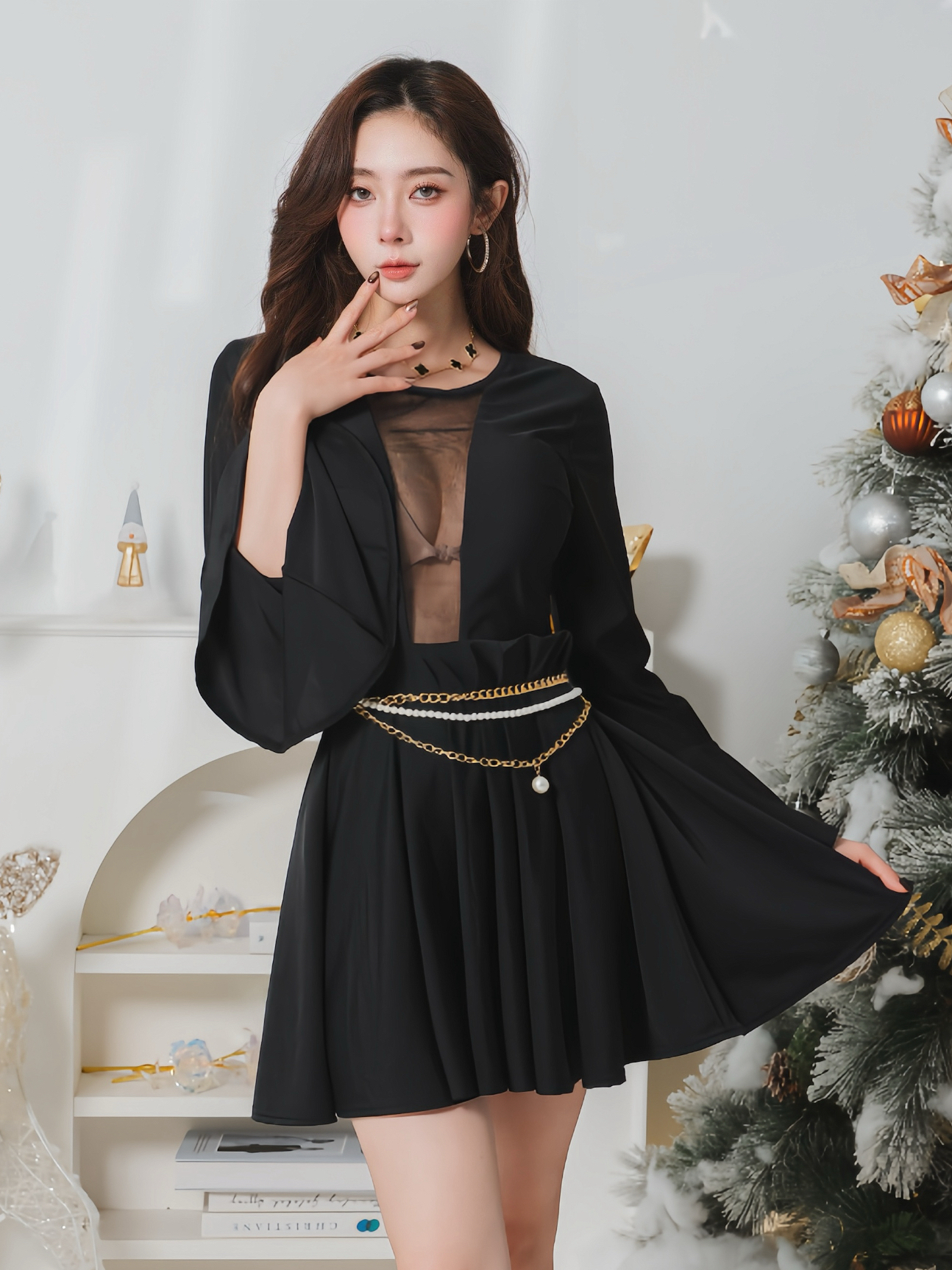 預購🤍喇叭袖鏤空網紗傘洋（黑色均碼）