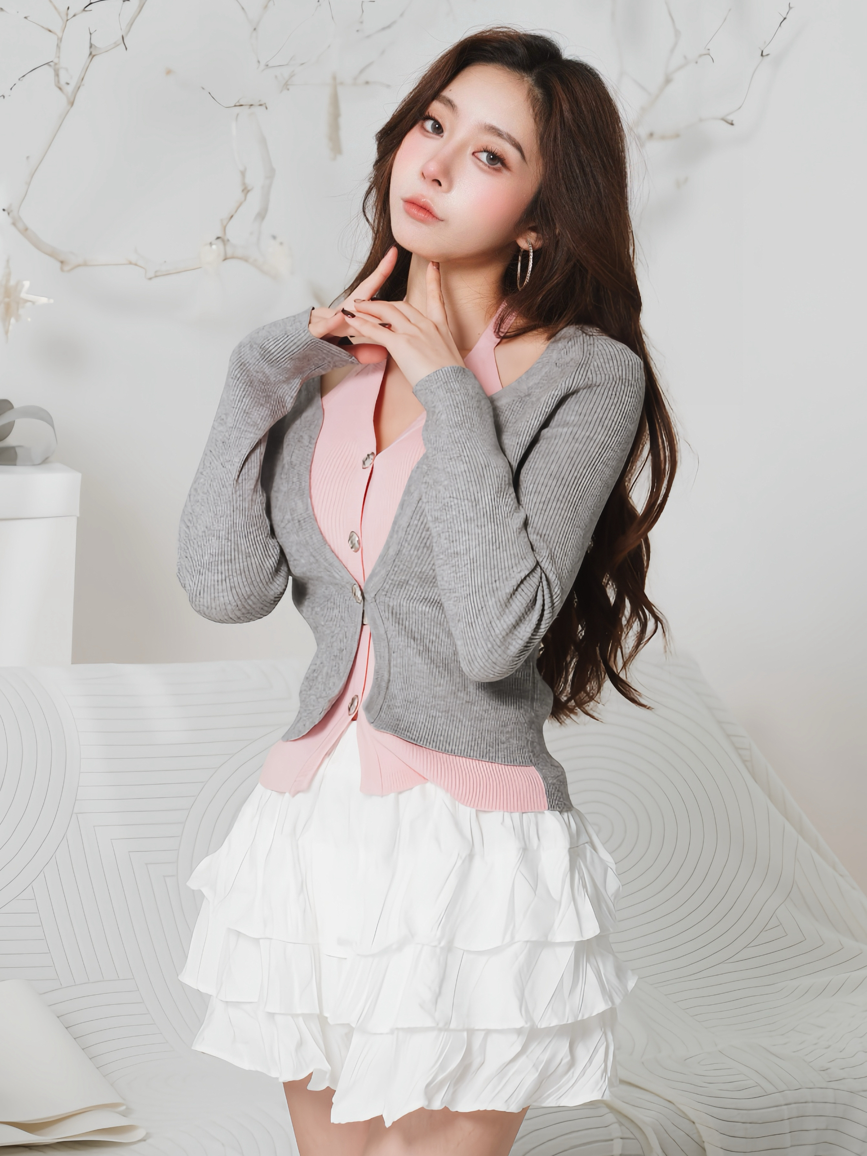 🤍假兩件羅紋針織銀釦上衣（粉灰配色均碼）