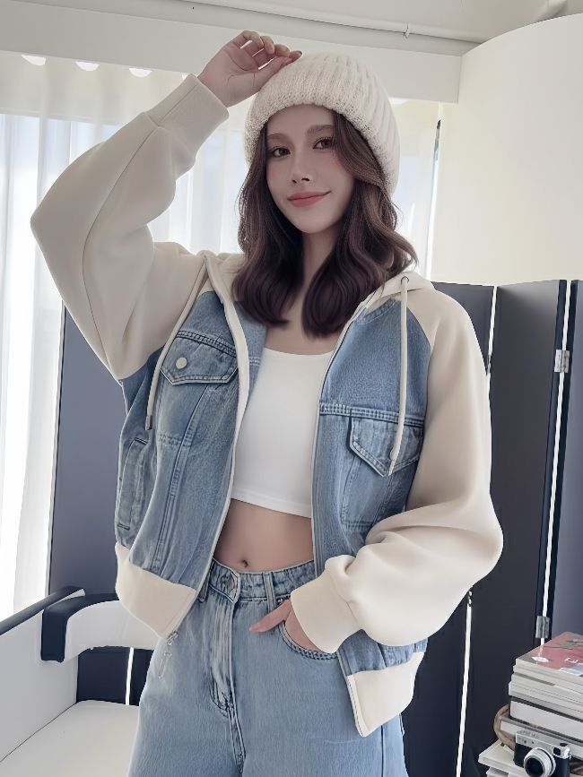 🤍牛仔拼接磨毛針織連帽外套（Oversize）