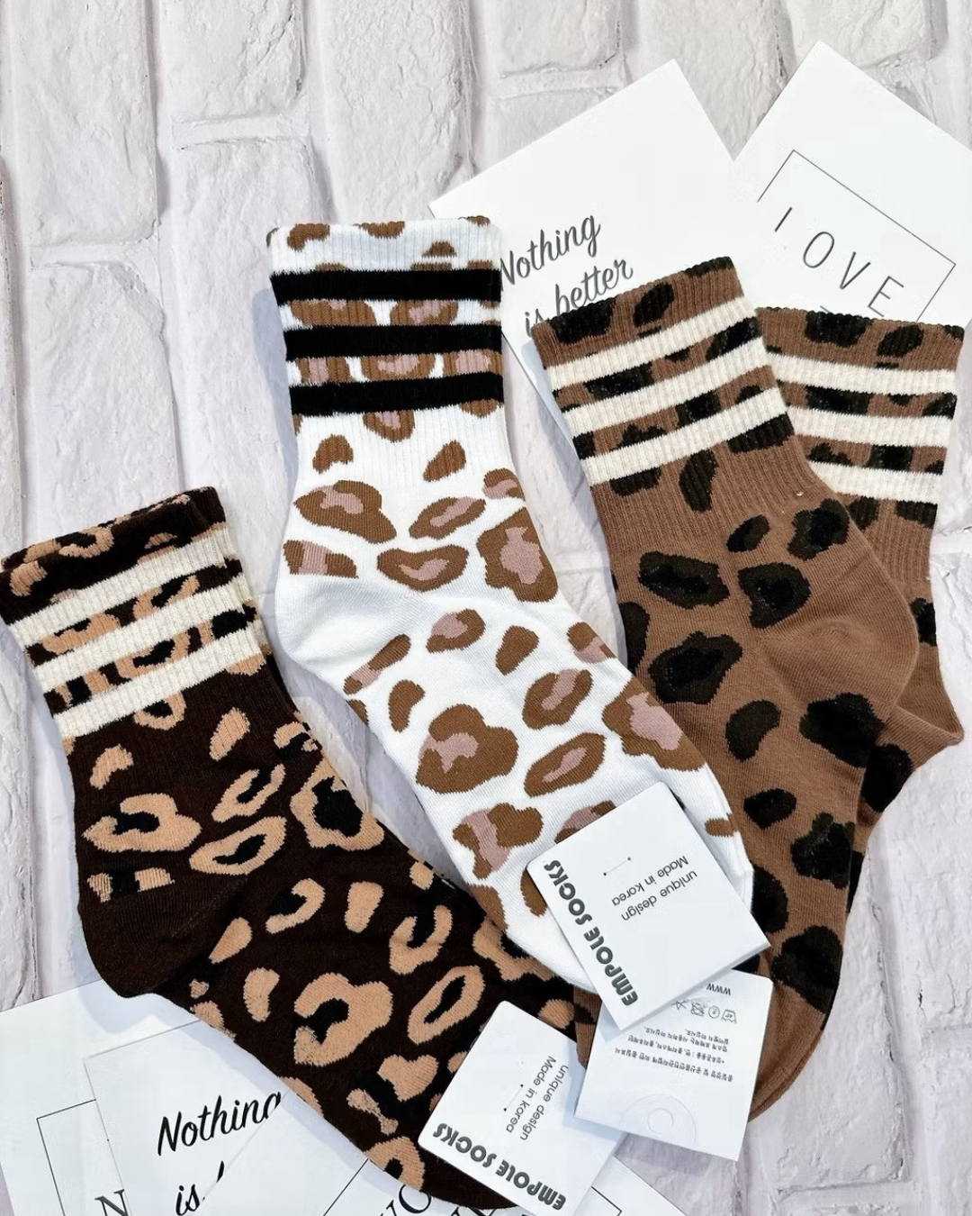 EMPOLE 豹紋條紋中筒襪