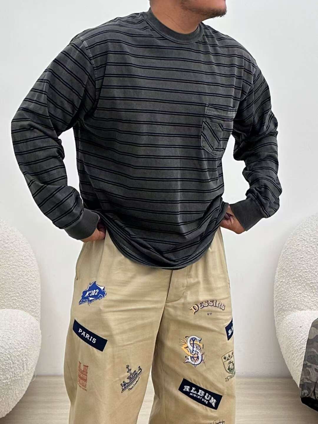 造型單口袋洗色橫條T