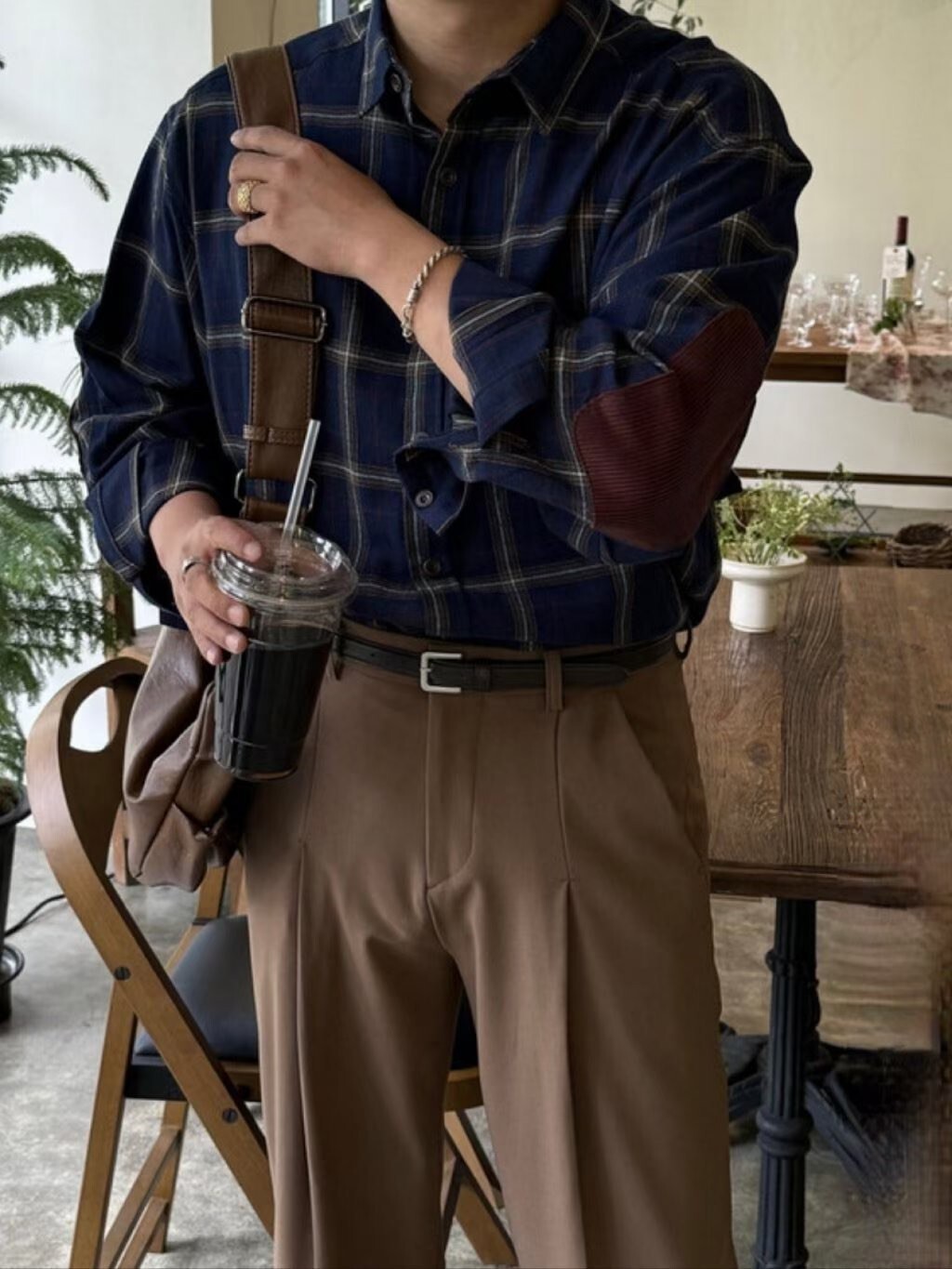 肘貼燈心絨格子襯