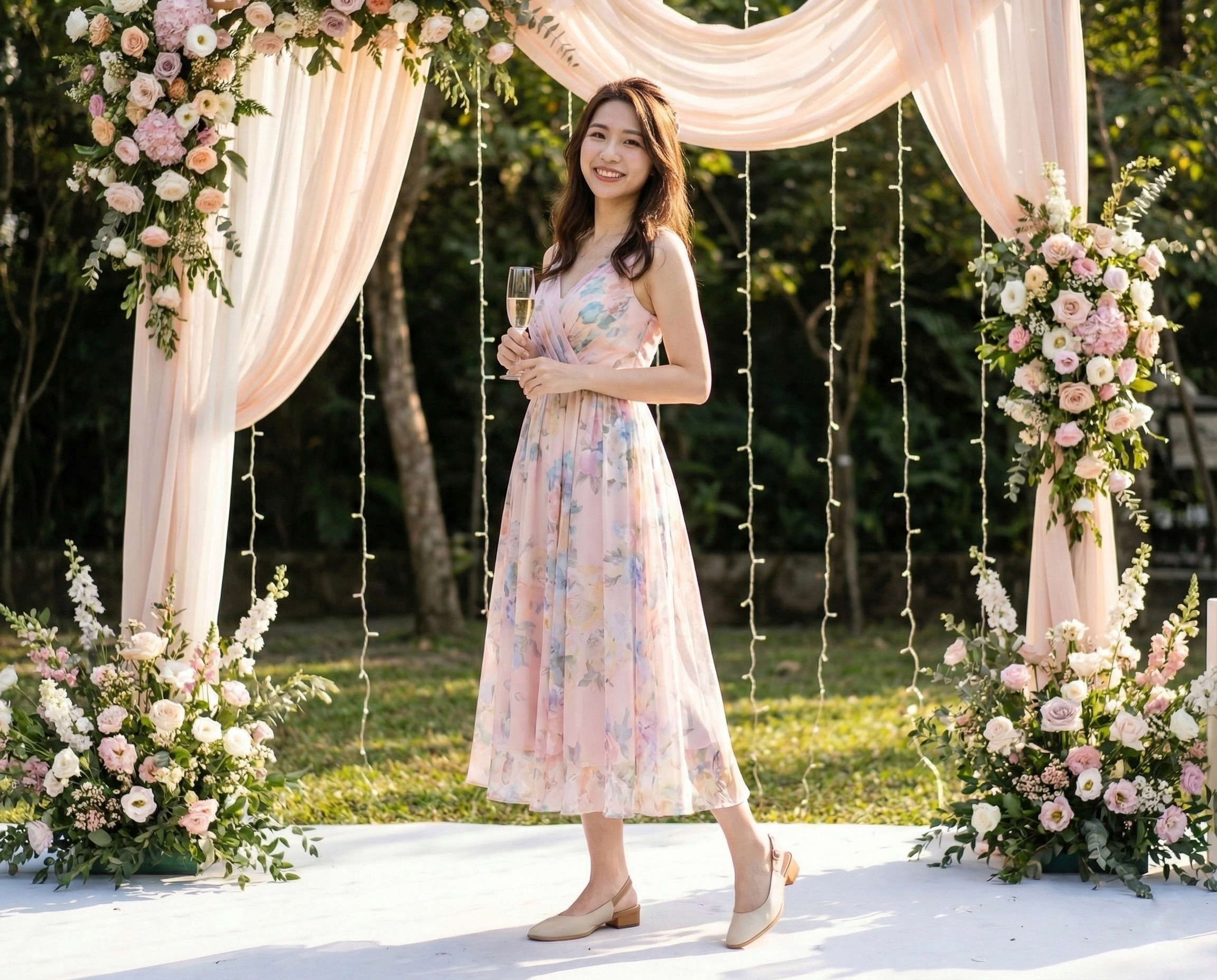 Sanly Joy 婚禮穿搭推薦，示範不搶新娘風采的優雅賓客造型，穿著淺色真皮低跟鞋取代痛苦的高跟鞋，解決參加喜宴久站腳痛的問題，展現溫柔氣質與自信笑容。