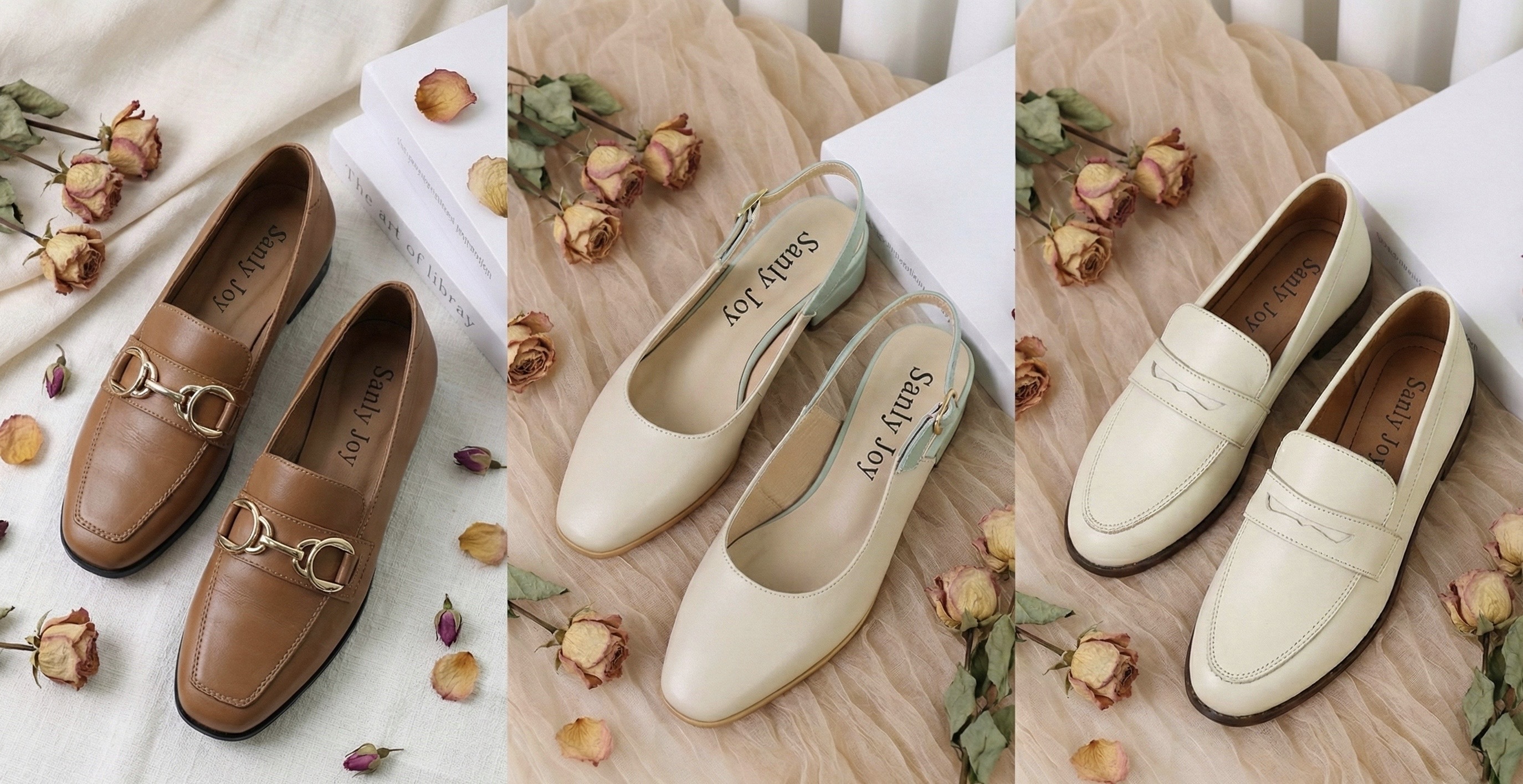 Sanly Joy 淺色真皮女鞋系列，適合參加婚禮的杏色與米白色包鞋推薦，寬楦設計與真皮軟墊讓寬腳板女生也能優雅久站，是避開婚禮穿搭禁忌的最佳選擇。