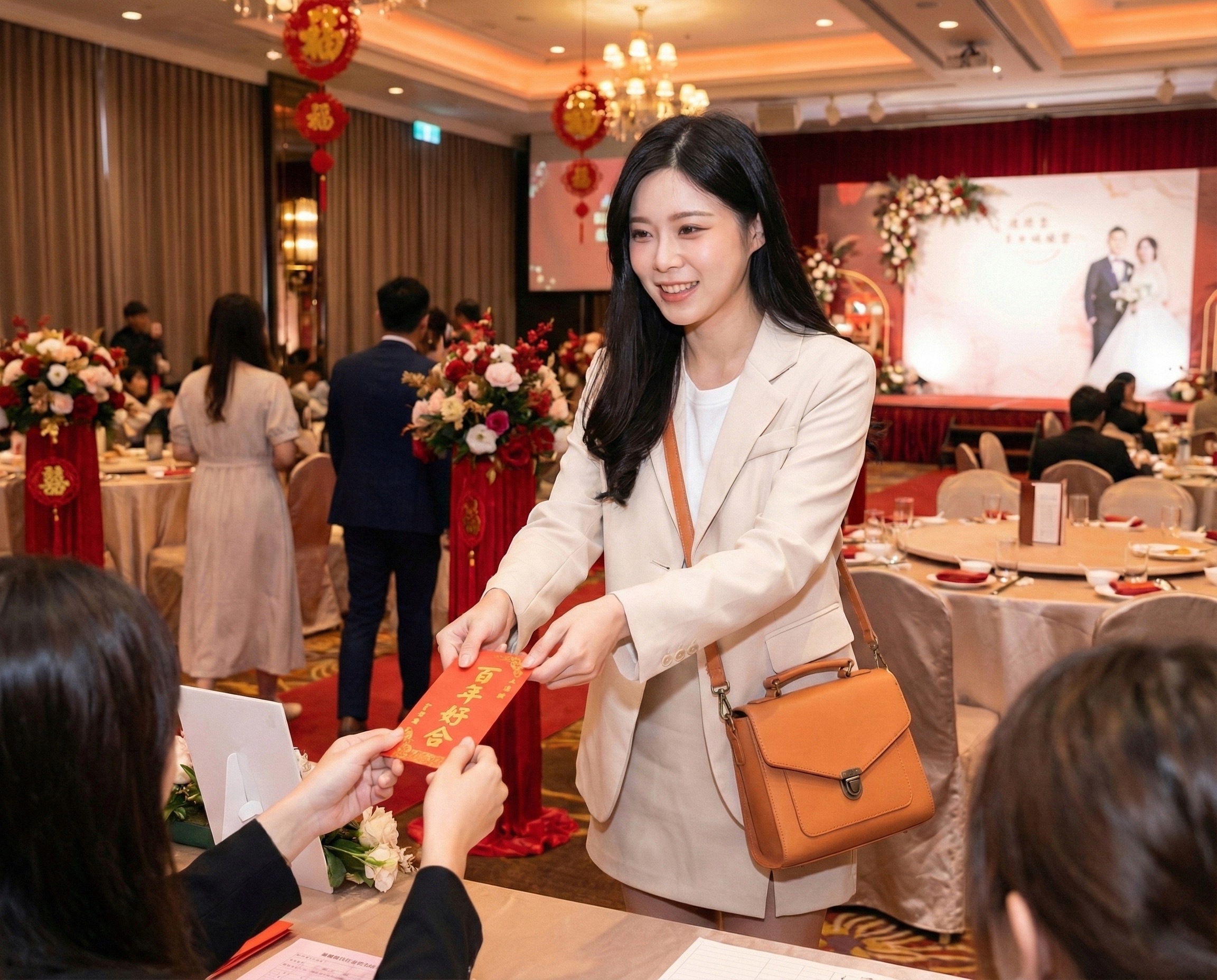 推薦參加婚禮必備的 Trista 真皮小方包，精緻小巧卻能裝下紅包袋與補妝用品，真皮質感搭配洋裝展現優雅氣質，是 Sanly Joy 官網熱銷的高質感婚禮包款。