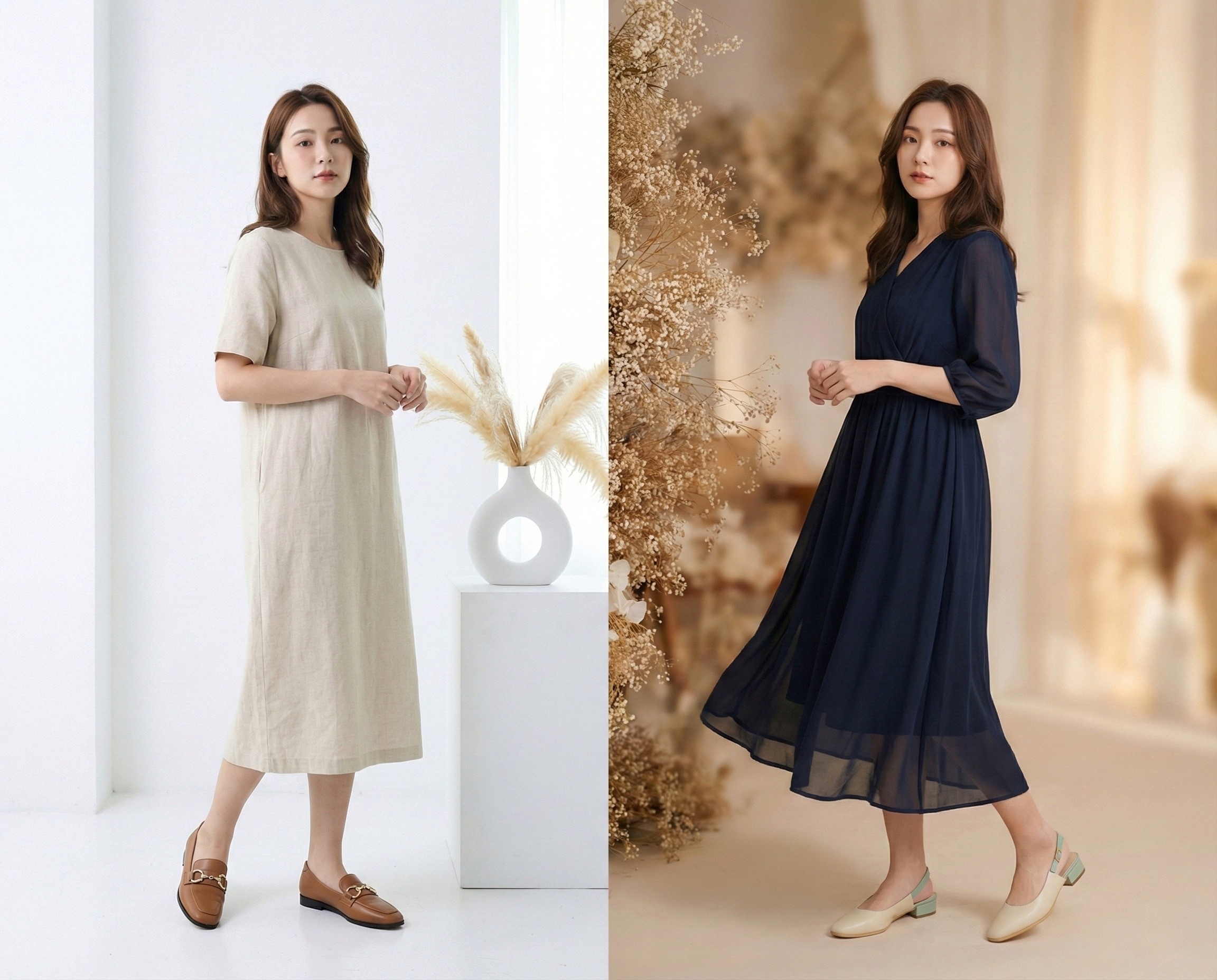 婚禮穿搭進階技巧，示範鞋子與包包的同色系搭配法，利用 Sanly Joy 真皮鞋包組合打造協調的視覺效果，無論是搭配淺色或深色洋裝都能展現高級感，避開穿搭地雷。