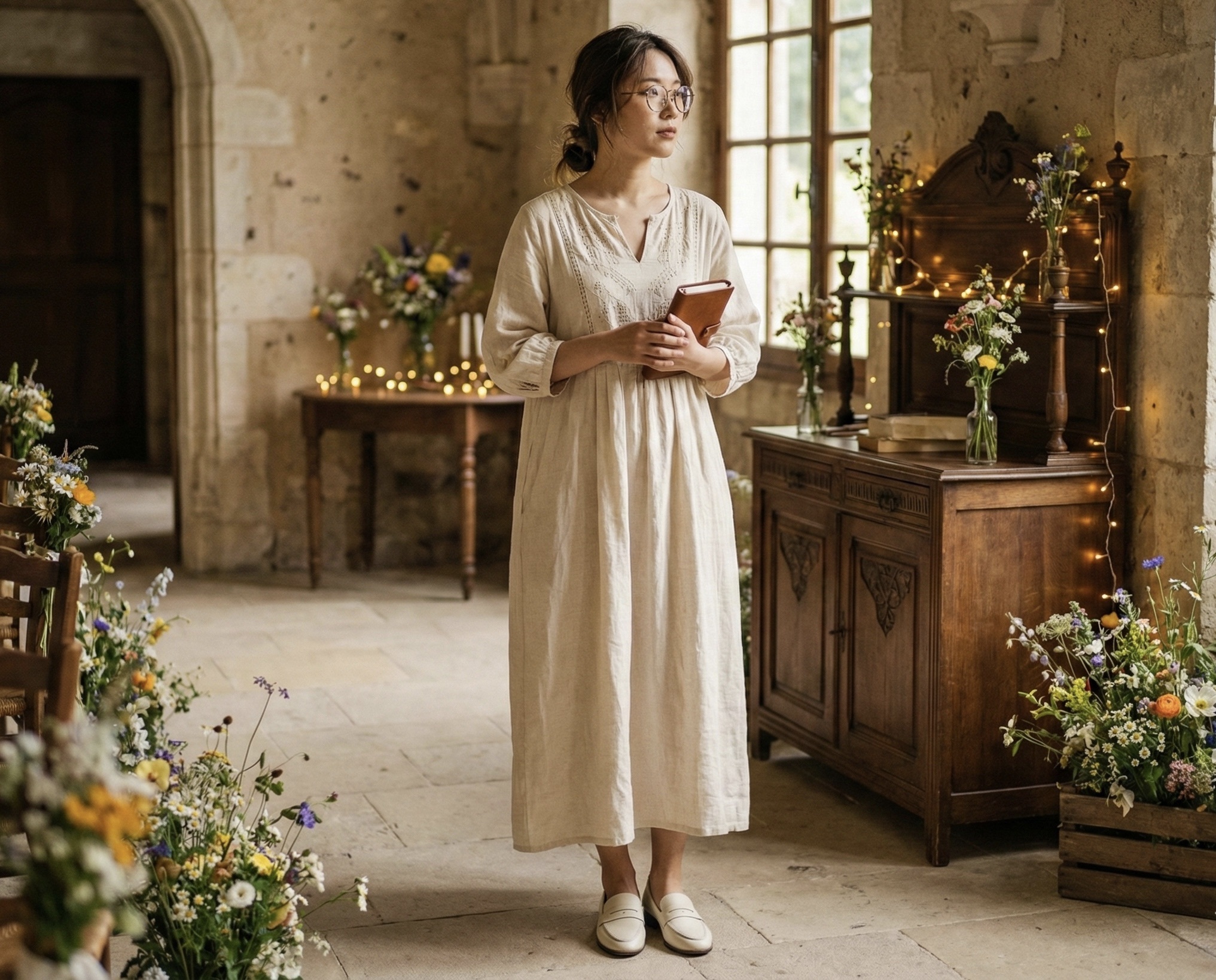 Sanly Joy樂福鞋 米色 搭配米色洋裝，在歐式風格建築，呈現整體文青感。