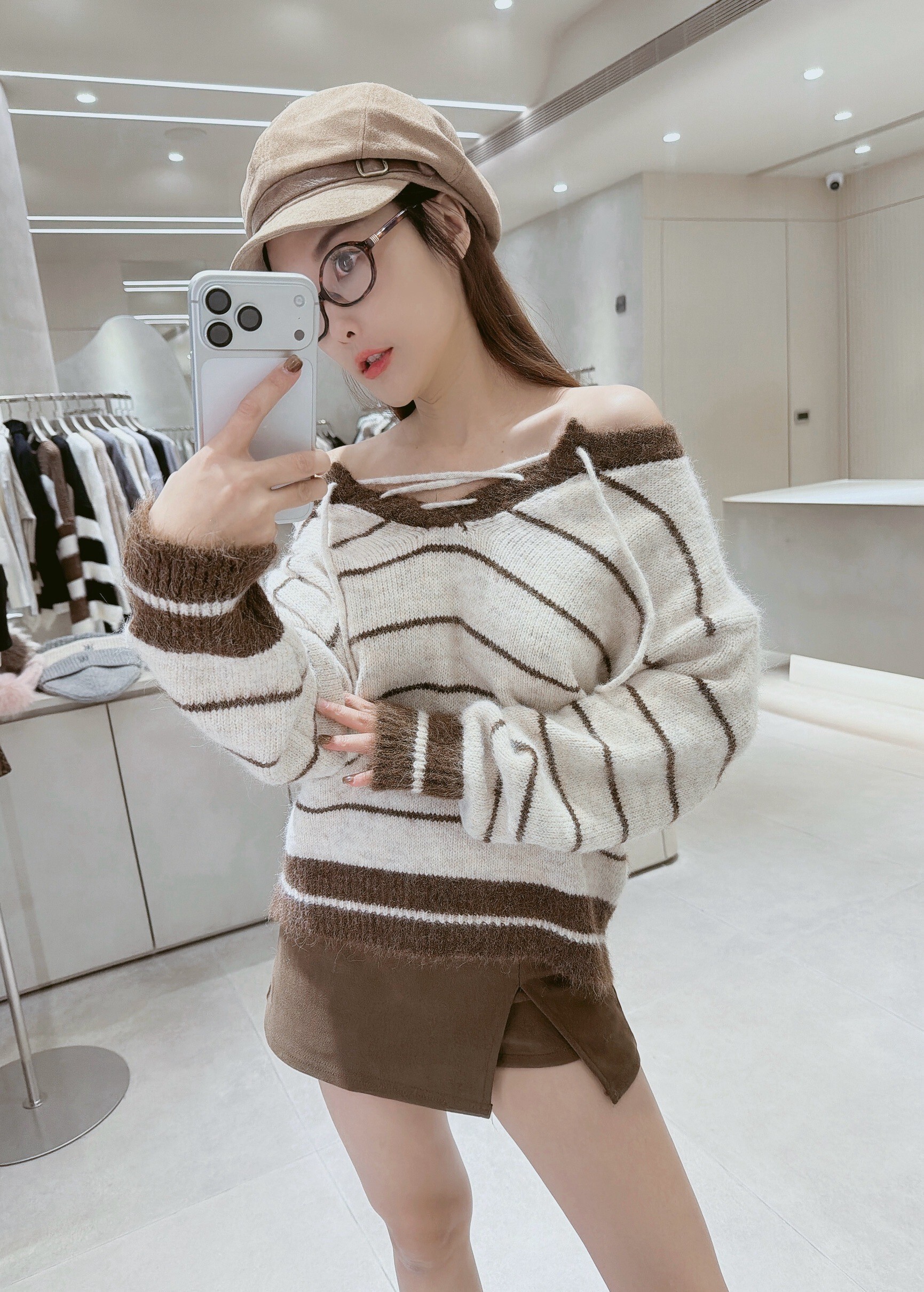 前交叉綁結撞色條針織衣