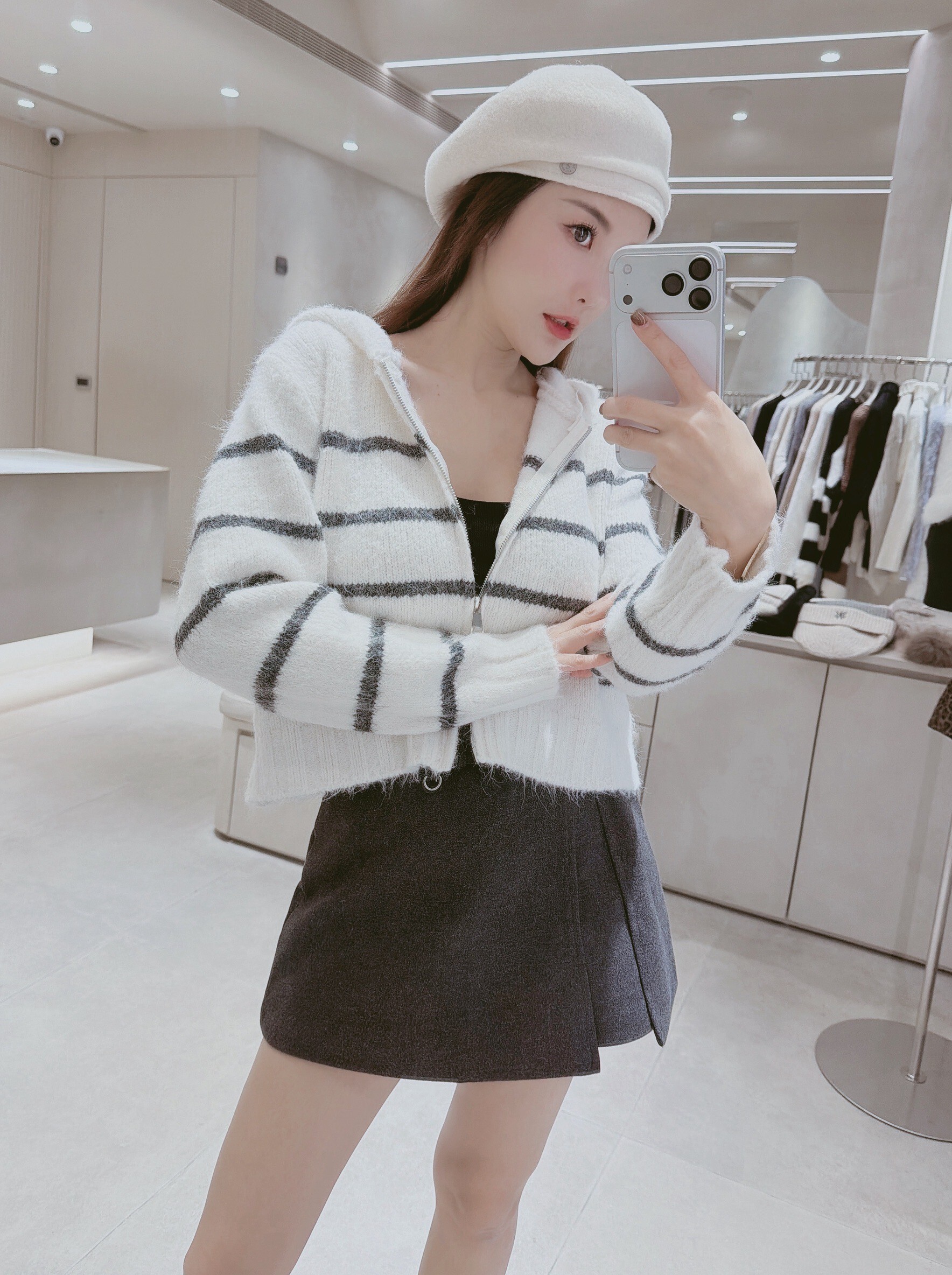 條紋拉鍊連帽針織上衣