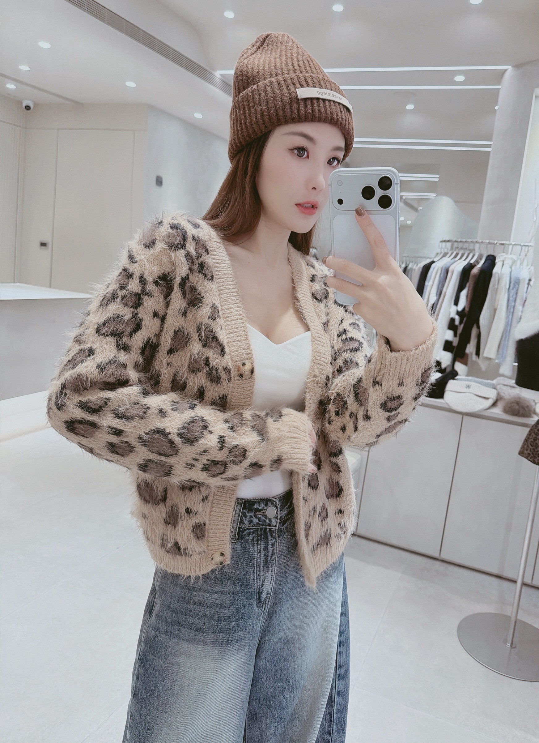 豹紋水貂毛針織外套