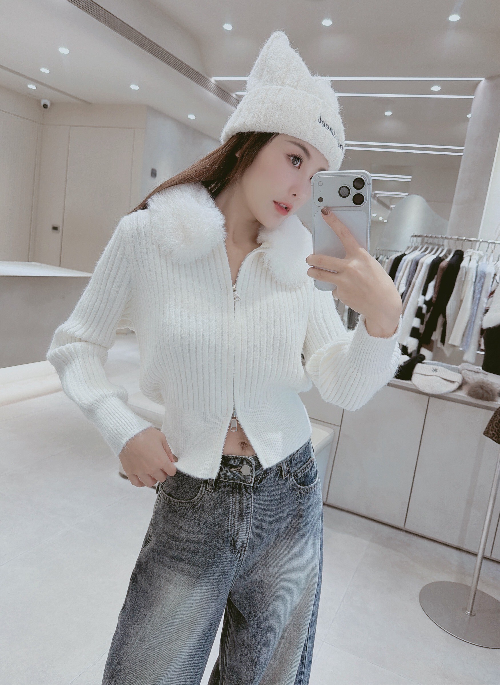 毛領雙拉鍊坑條針織衣