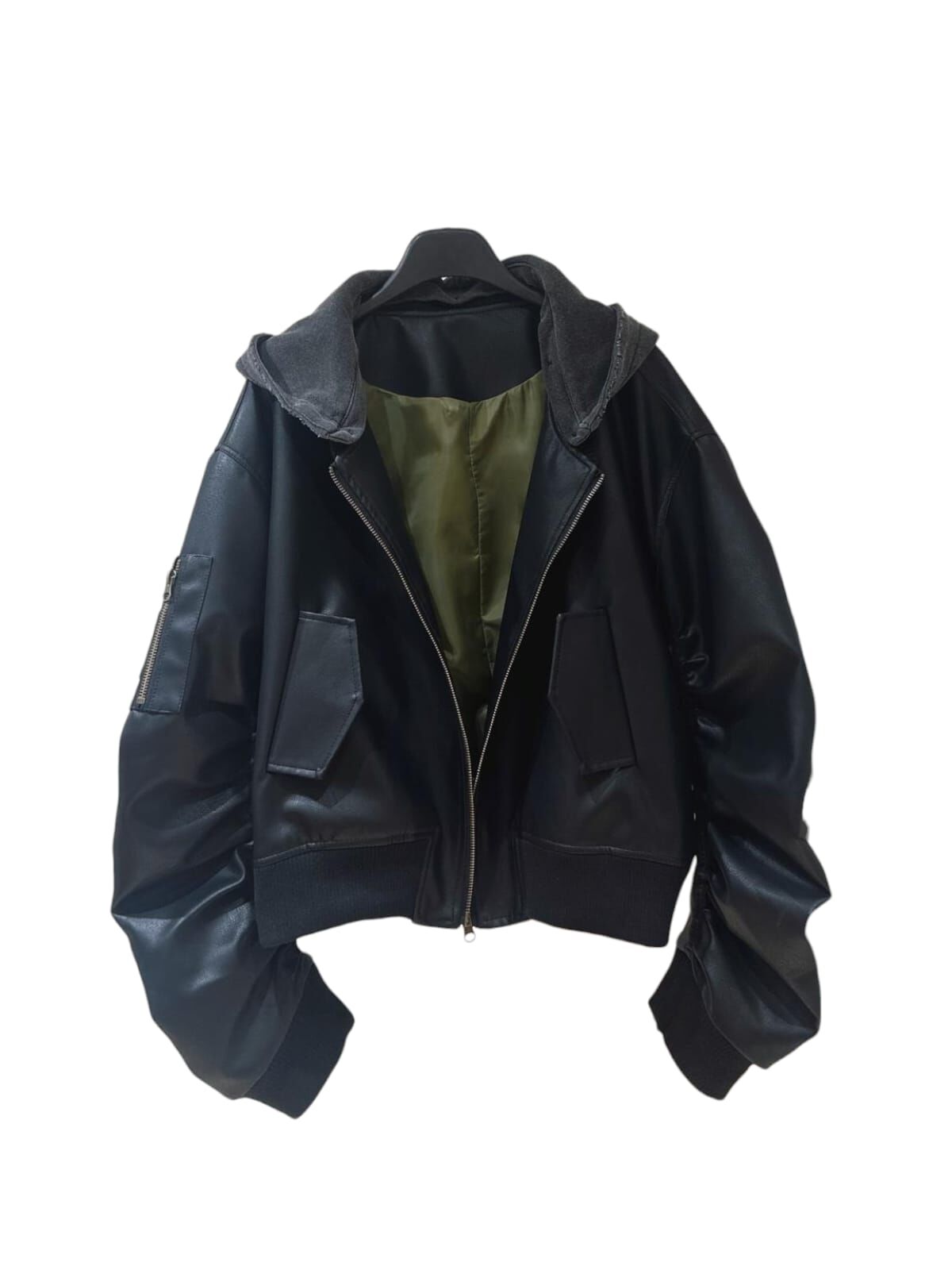 A24 #23660 手袖接褶彷皮有帽外套 - 黑色