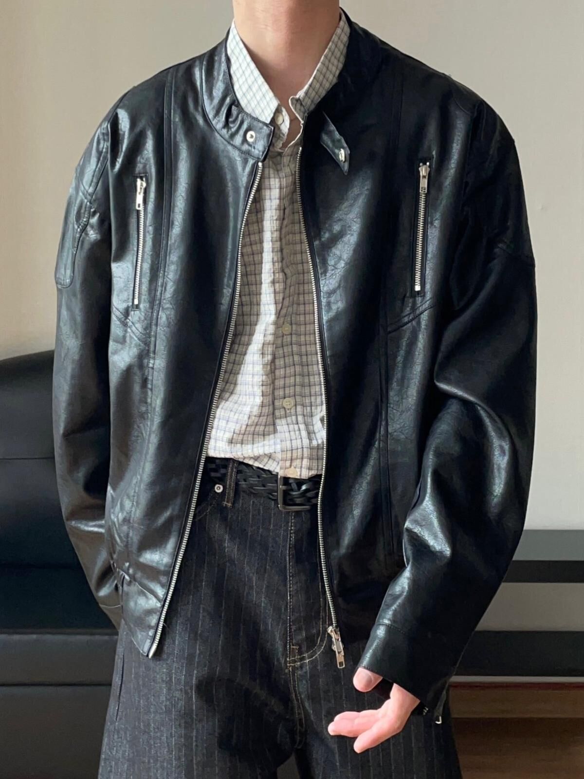 淨色企領拉鍊合成皮褸 Lowell-027JK