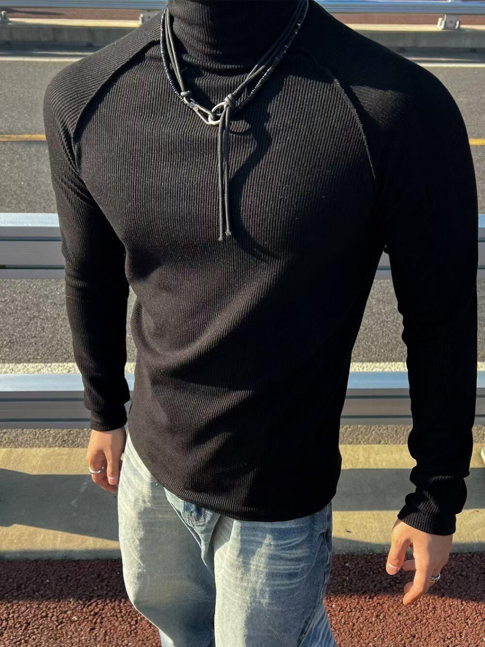 淨色暗直紋樽領長袖衫 GAMBLE-049T