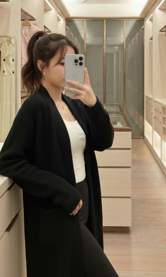 韓系極簡翻領垂墜長版針織外套 C75