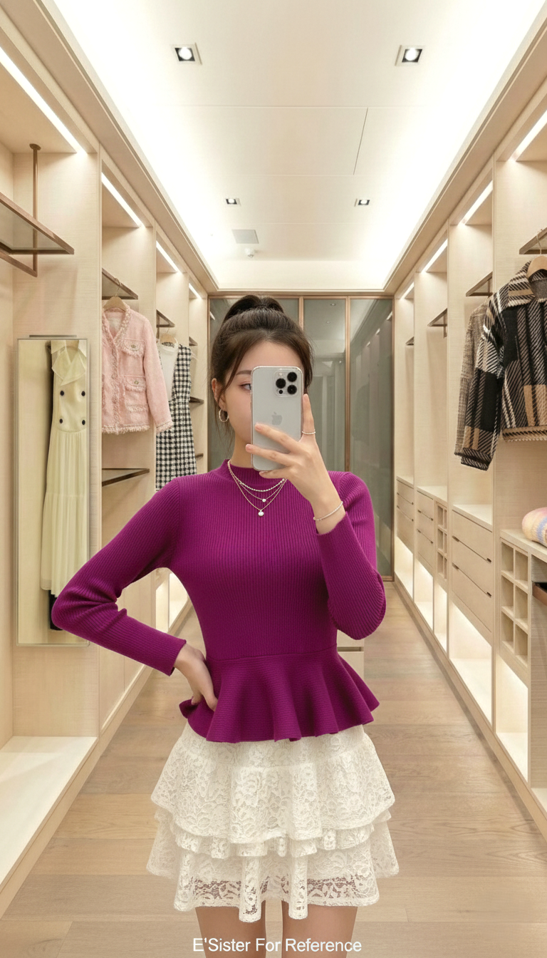 韓系顯瘦收腰荷葉擺羅紋針織衫 C76