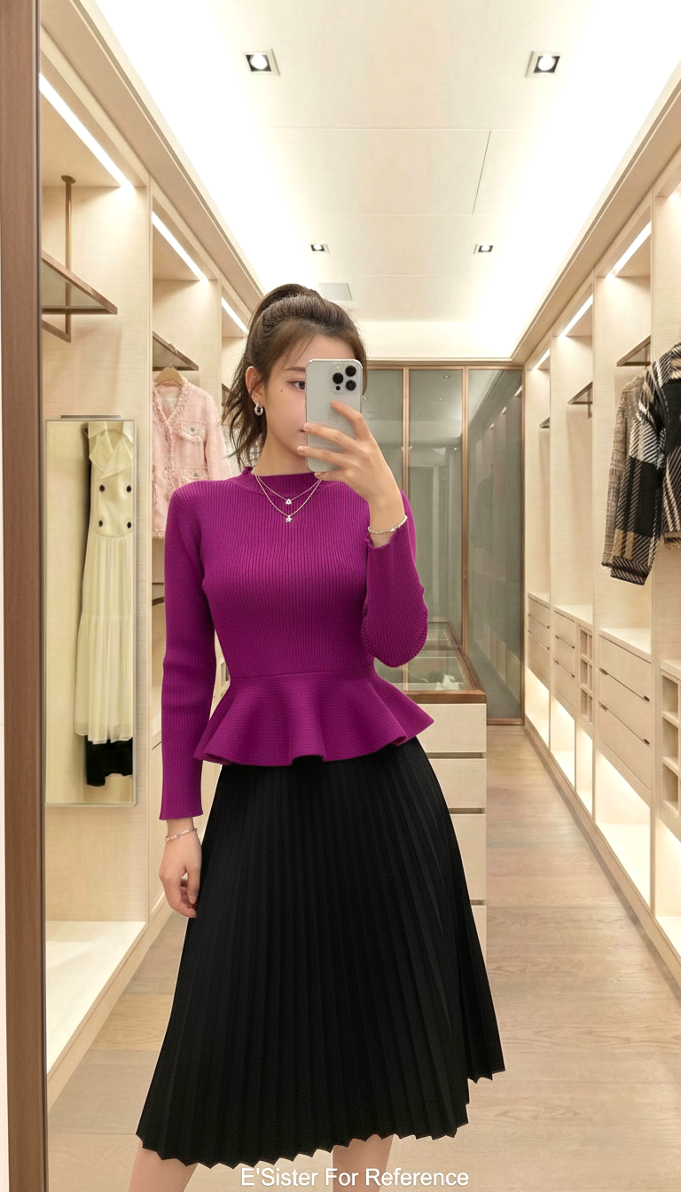 韓系顯瘦收腰荷葉擺羅紋針織衫 C76