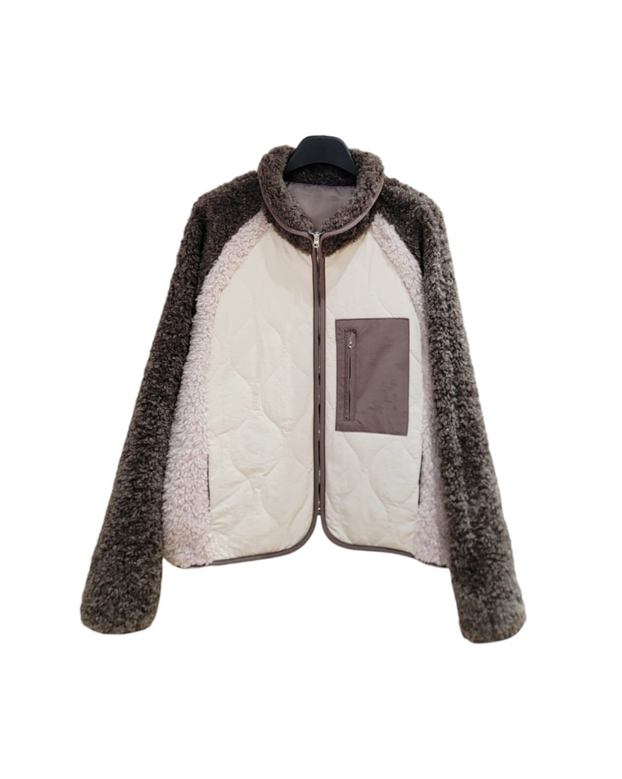 A36 #23680  拼色夾棉毛毛褸- 啡/粉色