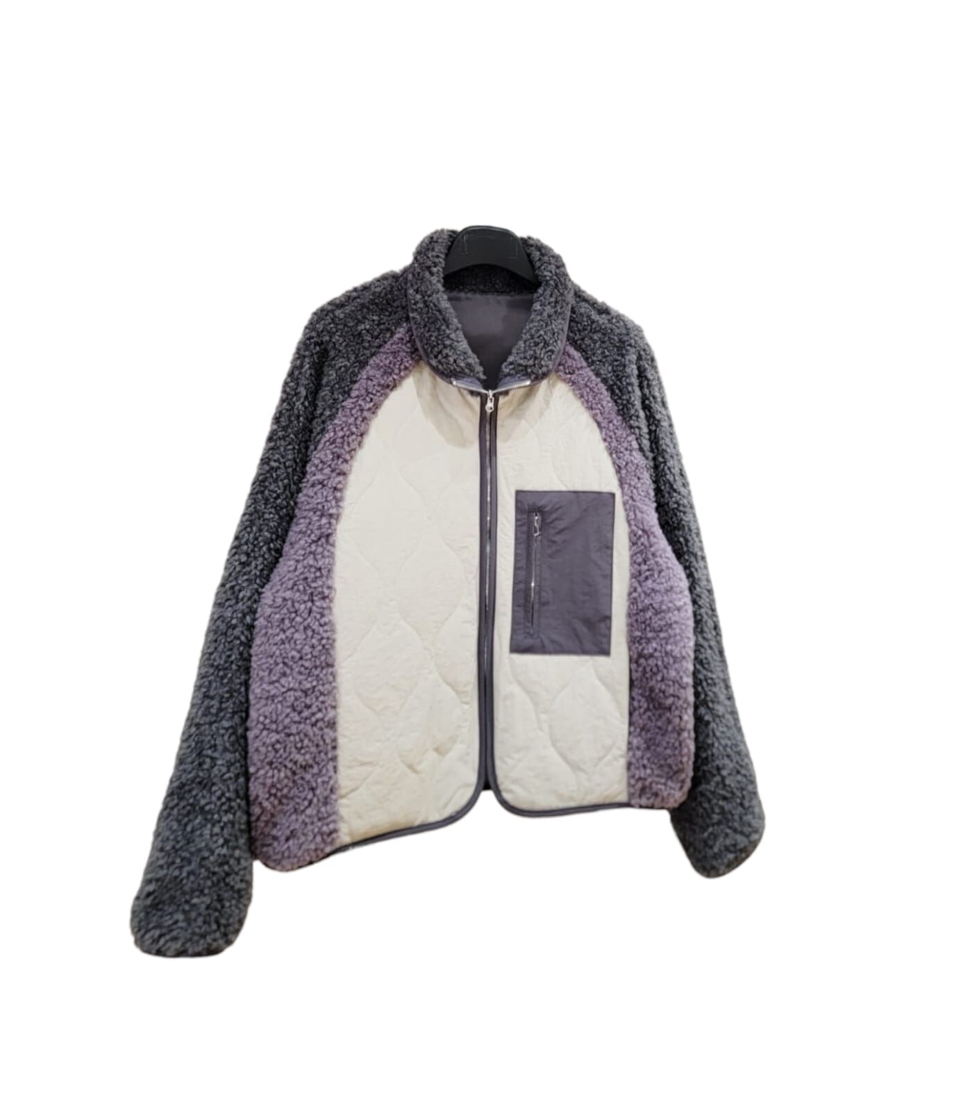 A37 #23680  拼色夾棉毛毛褸- 灰/紫色