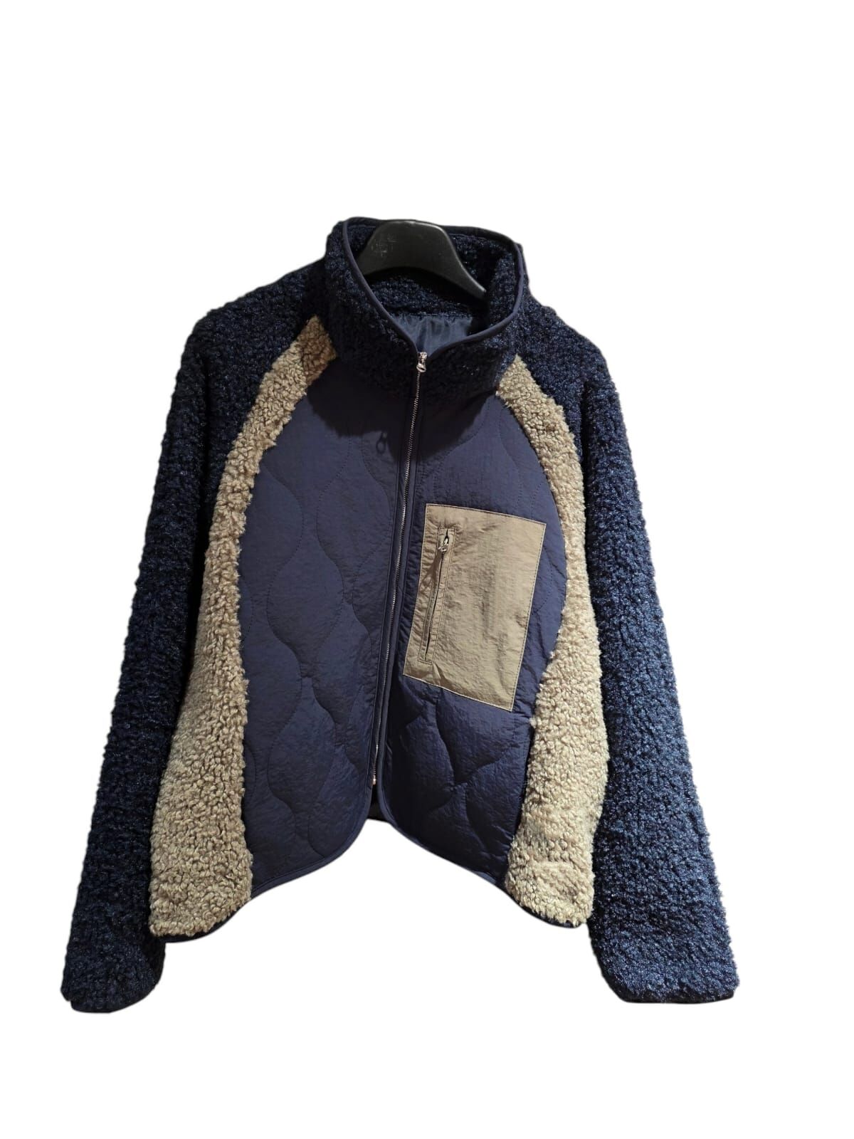 A38 #23680  拼色夾棉毛毛褸- 藍/綠色