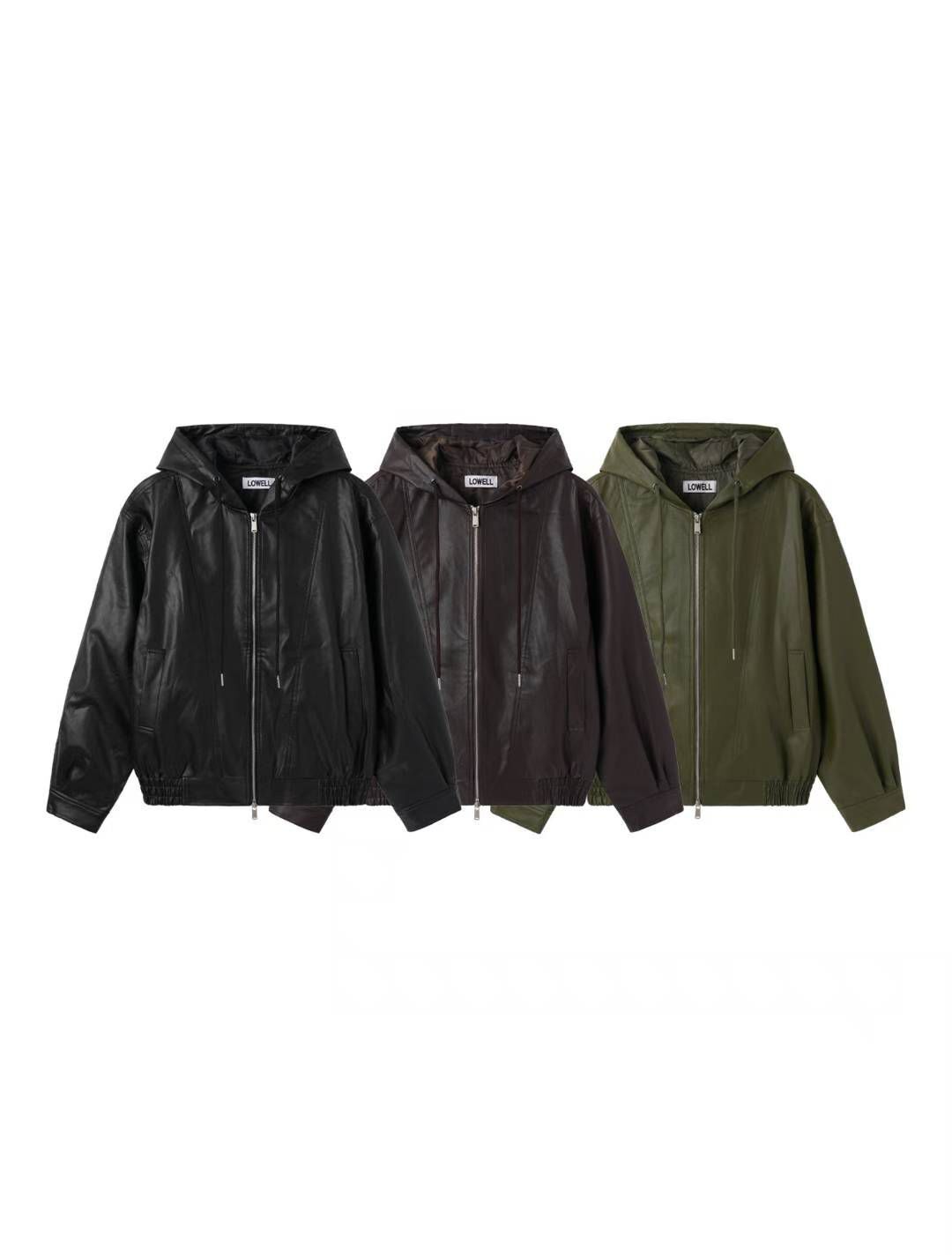 淨色連帽拉鍊合成皮褸 Lowell-085Jk