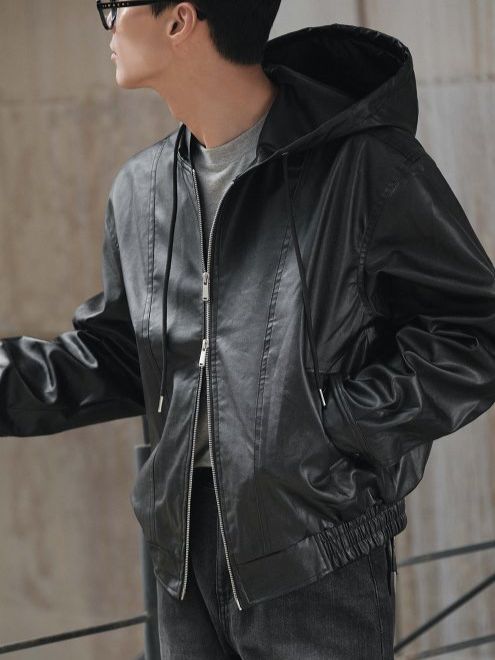 淨色連帽拉鍊合成皮褸 Lowell-085Jk