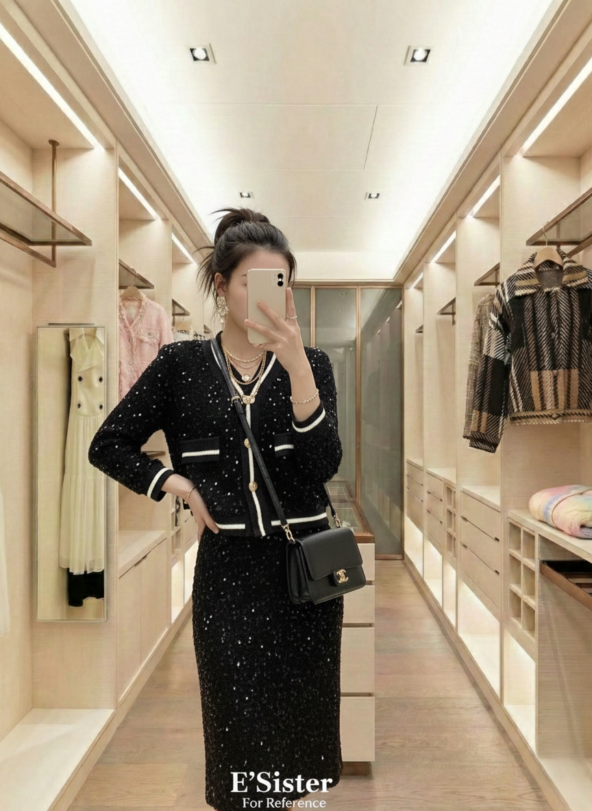 韓系金釦撞色邊針織外套+長裙 C77