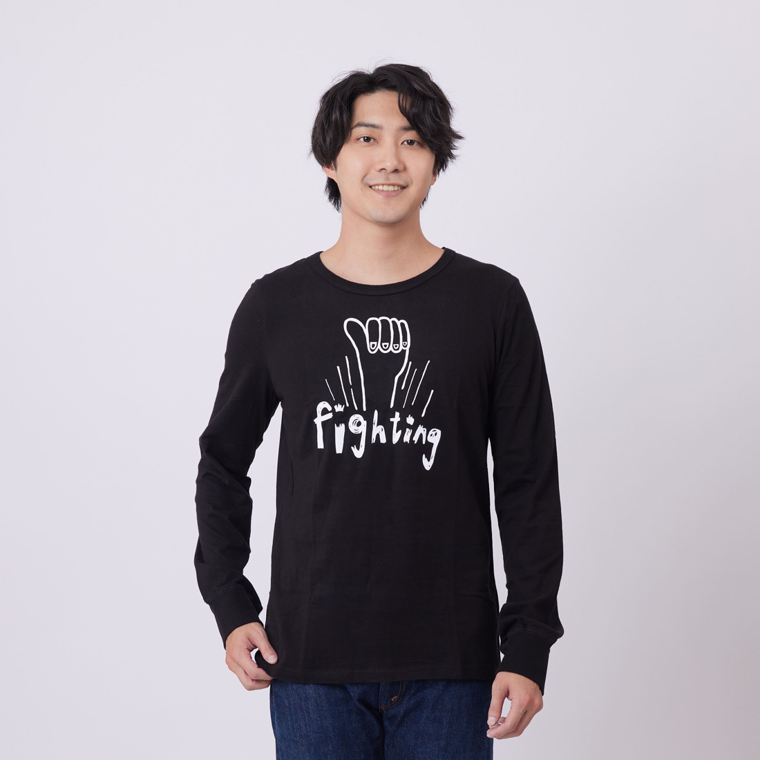 Fighting!!!! 長袖 蜜桃棉 男T 黑色