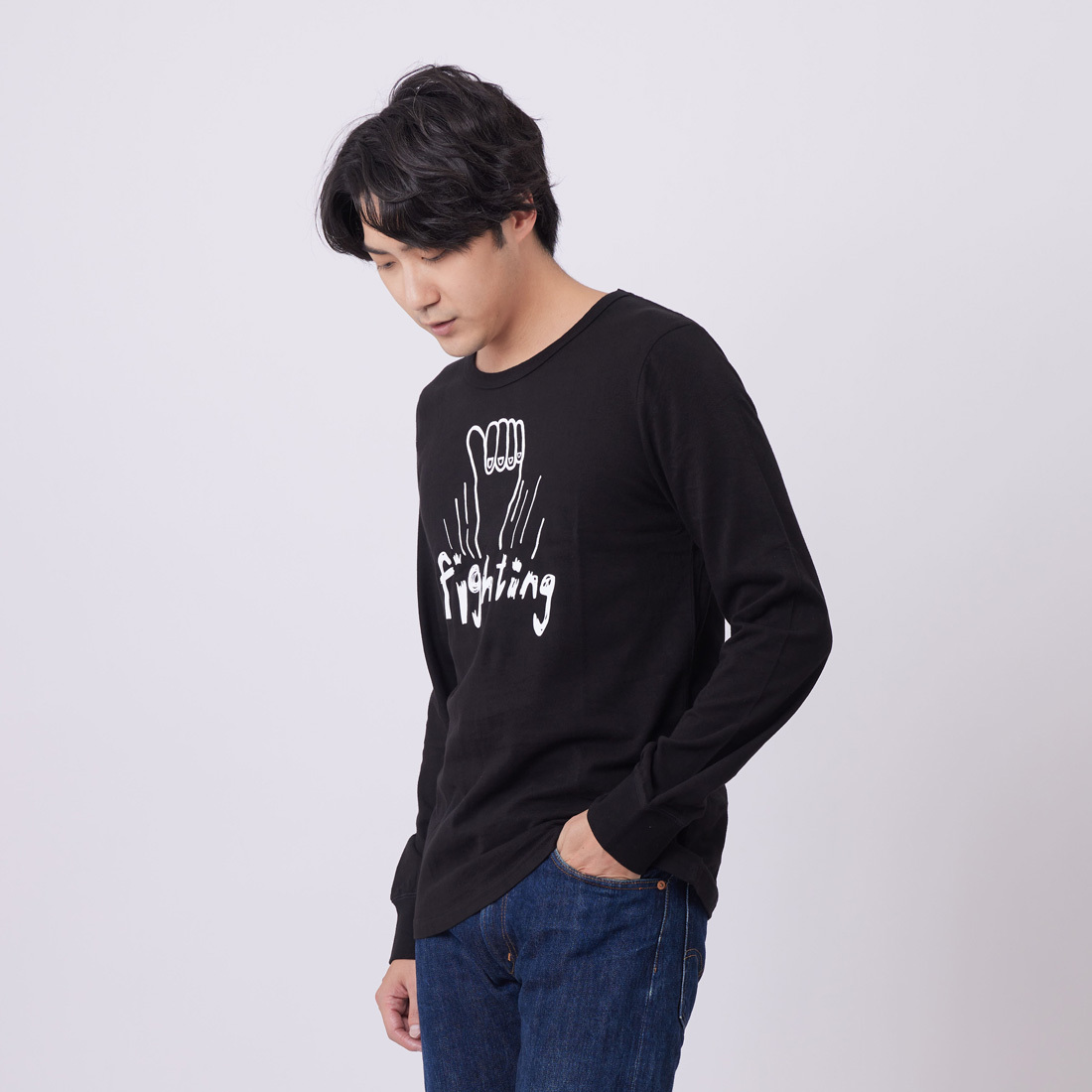 Fighting!!!! 長袖 蜜桃棉 男T 黑色