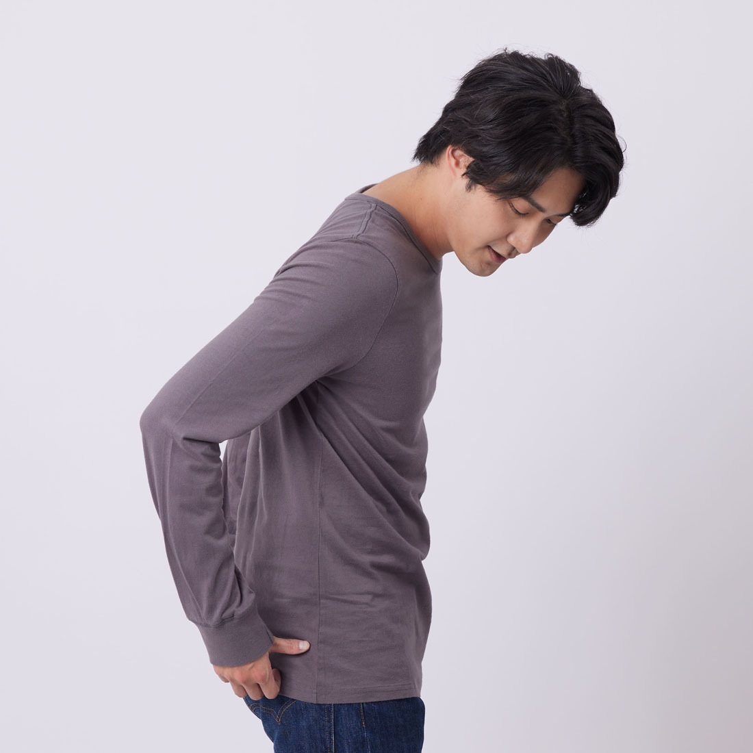 素面 圓領 長袖 蜜桃棉 男T 深灰