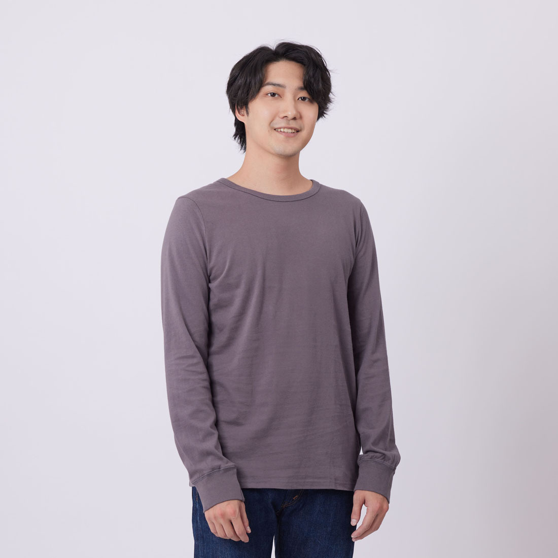 素面 圓領 長袖 蜜桃棉 男T 深灰